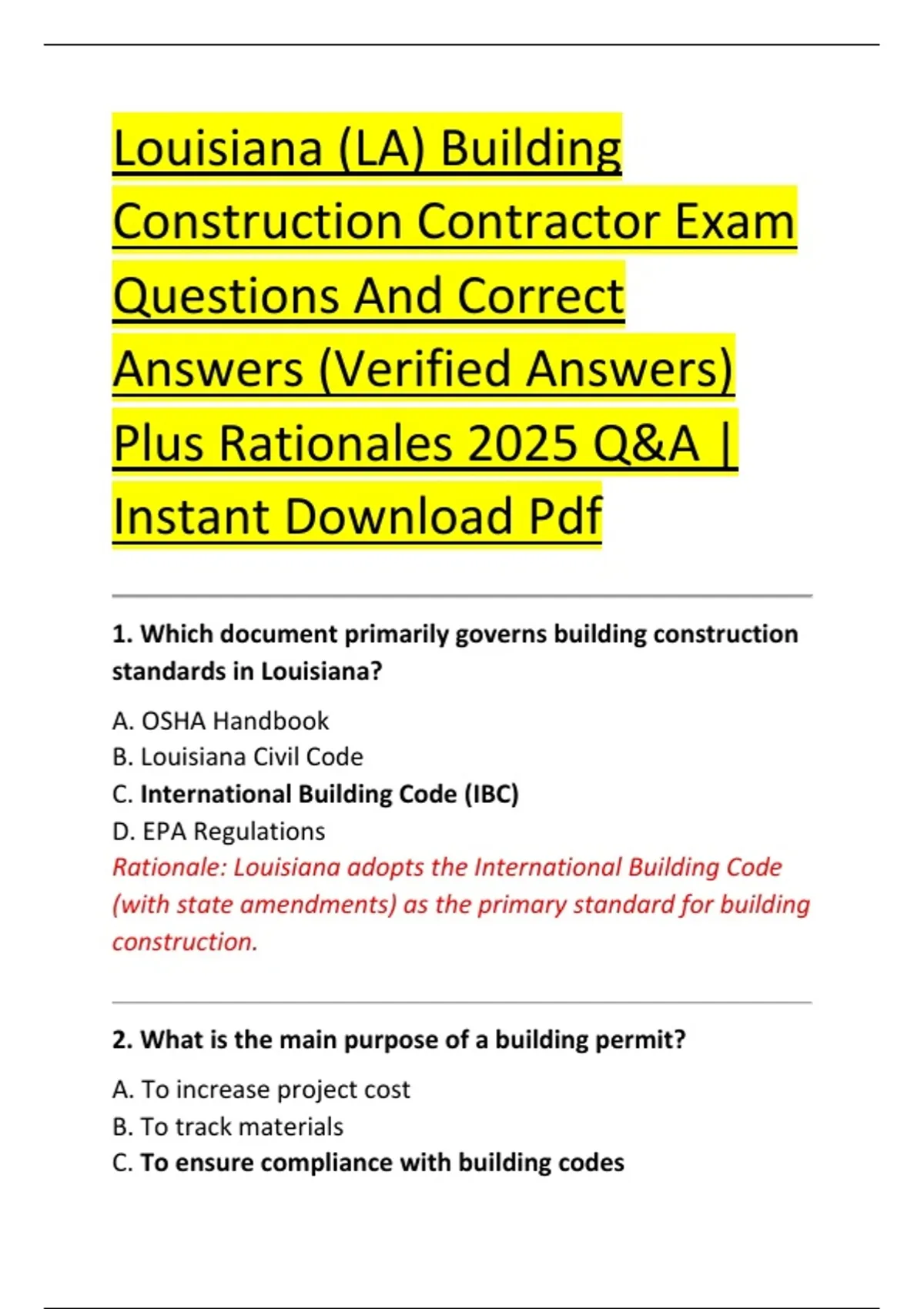 Louisiana (LA) Building Construction Contractor Exam Questions And ...
