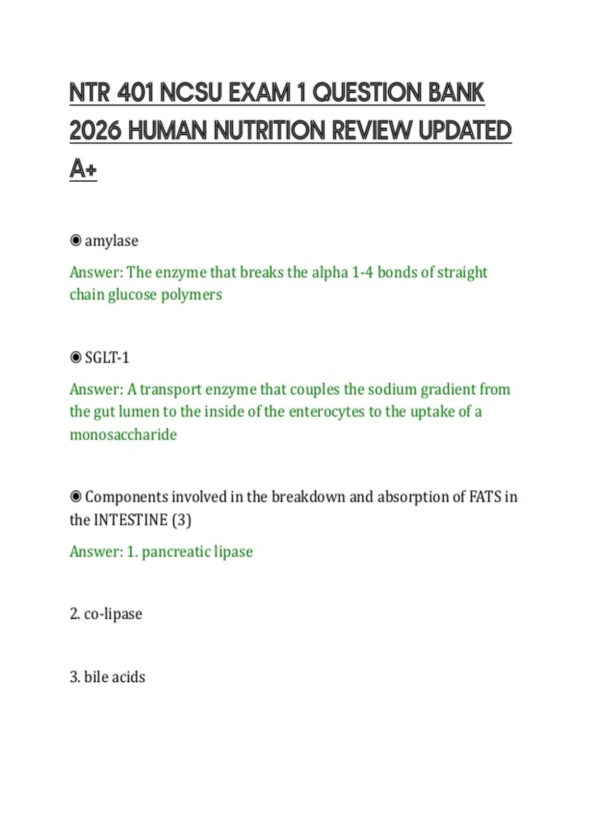 NTR 401 NCSU EXAM 1 QUESTION BANK 2026 HUMAN NUTRITION REVIEW UPDATED ...