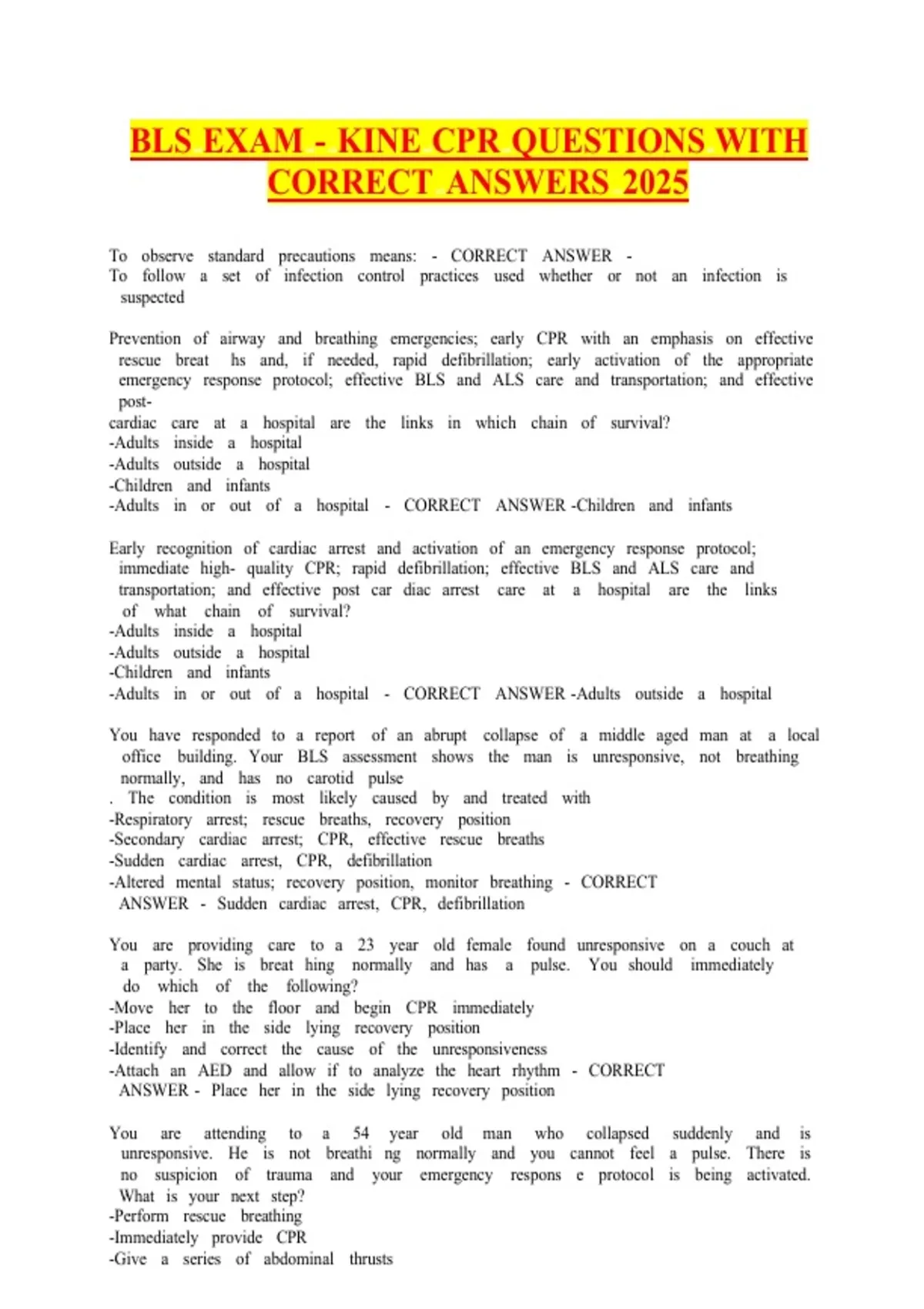 BLS Exam – KINE CPR Questions With Correct Answers 2026 | Basic Life ...