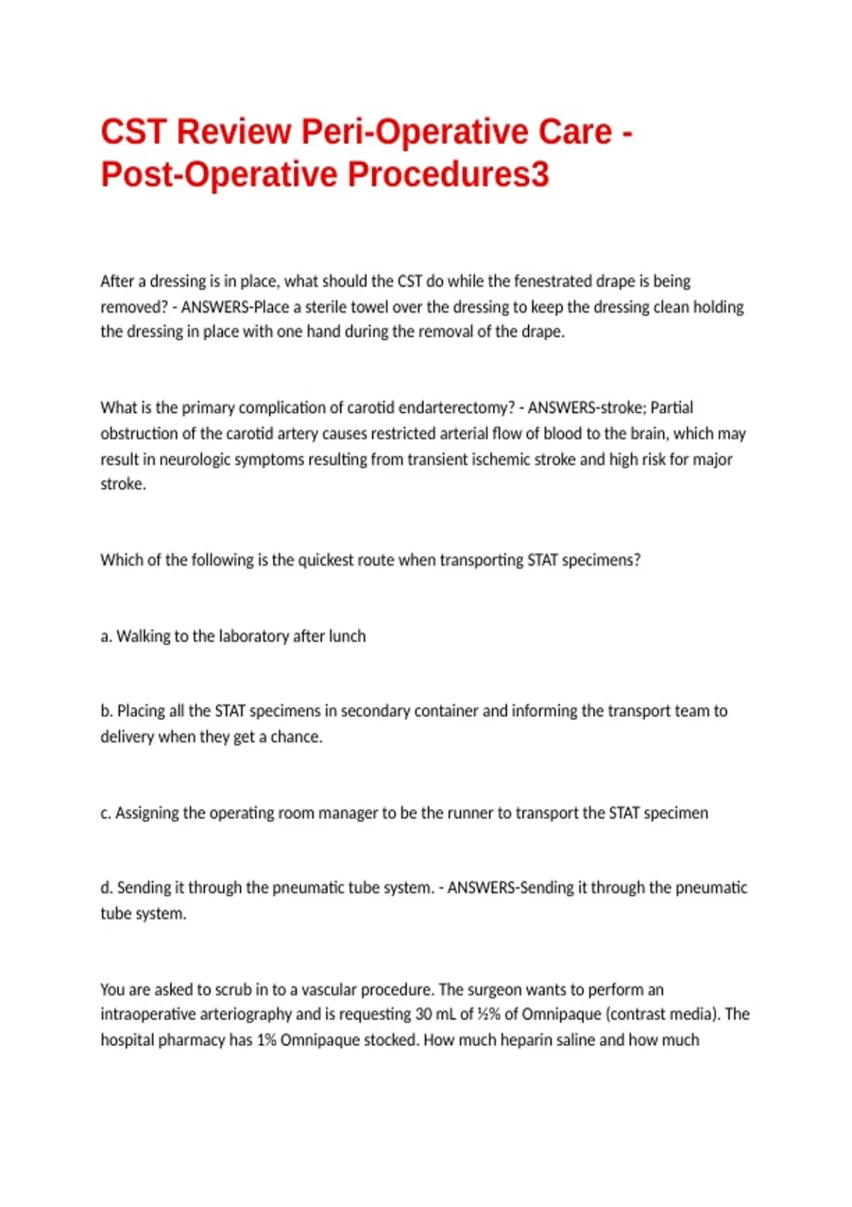 CST Review Peri-Operative Care - Post-Operative Procedures Exam ...