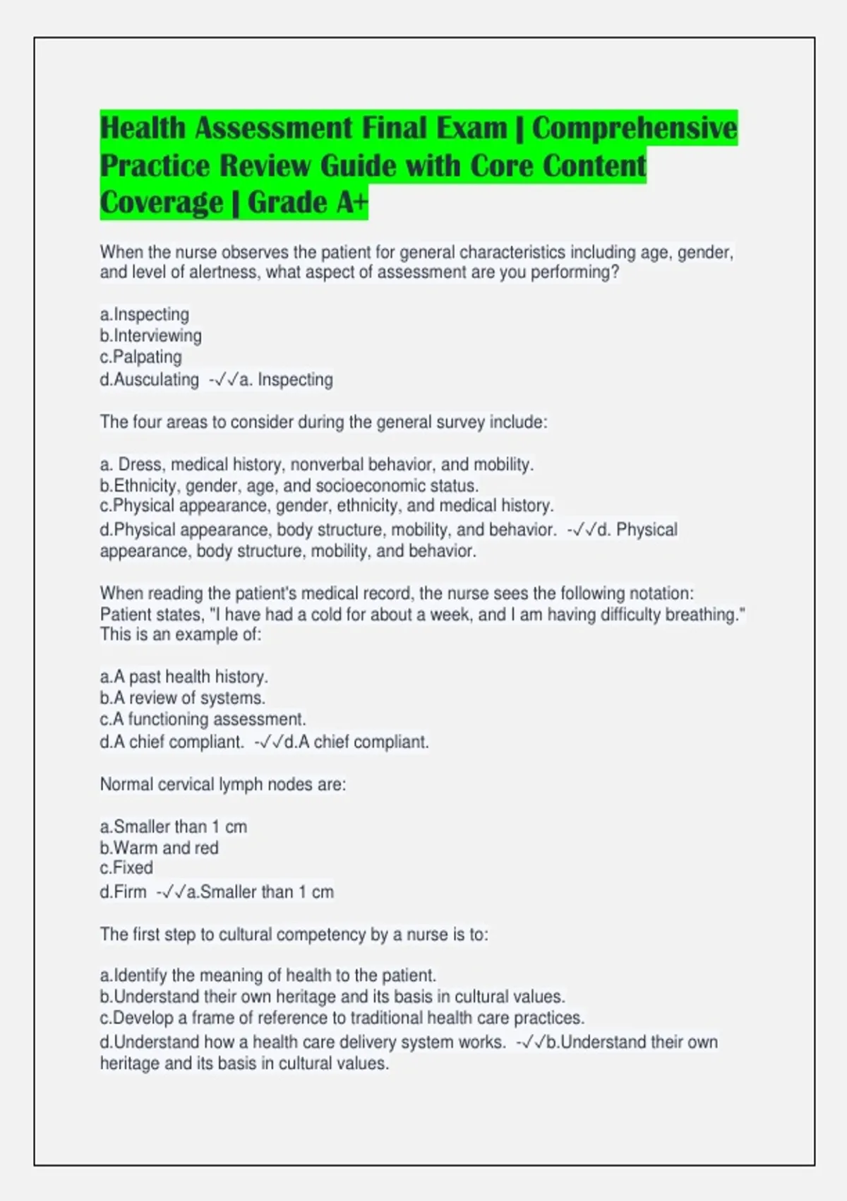 Health Assessment Final Exam | Comprehensive Practice Review Guide with ...
