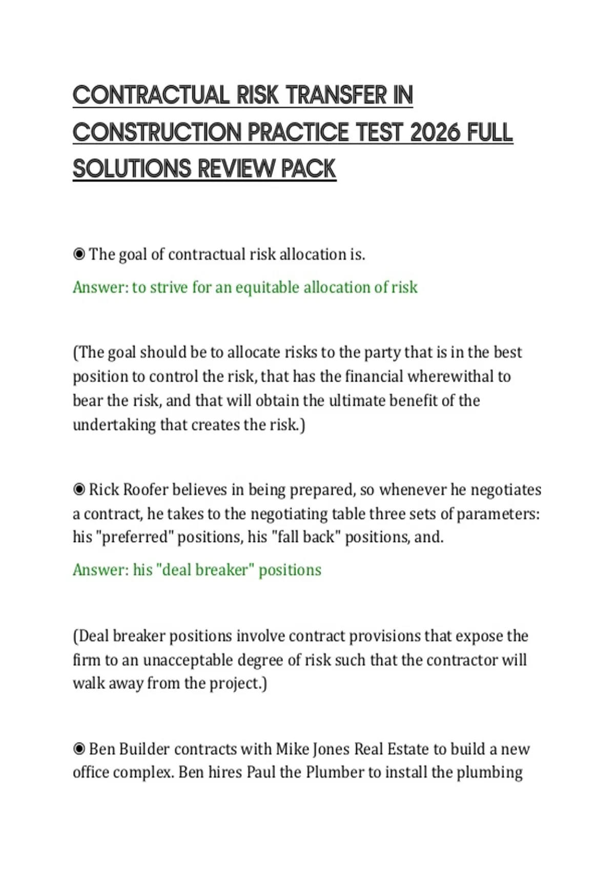 Contractural Risk Transfer Template Examples CONTRACTUAL RISK TRANSFER IN CONSTRUCTION PRACTICE TEST 2026 FULL ...
