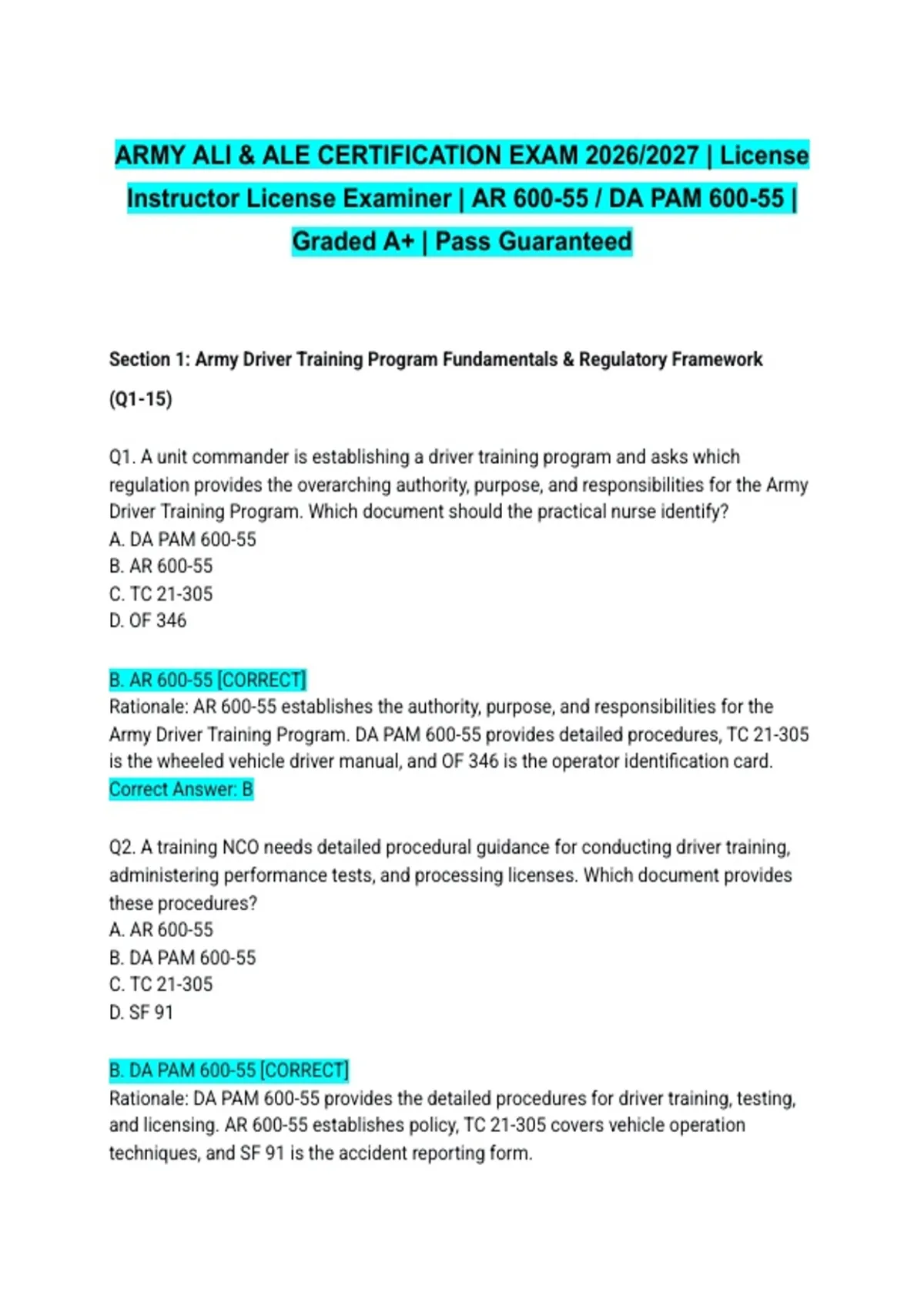 ARMY ALI & ALE CERTIFICATION EXAM 2026/2027 | License Instructor ...