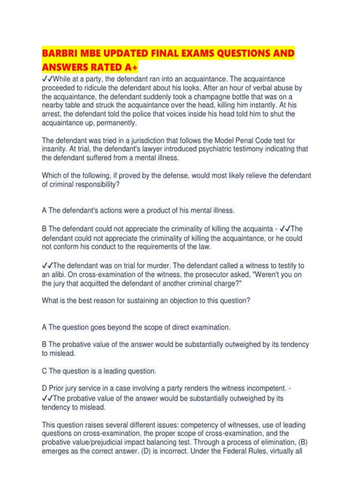 BARBRI MBE UPDATED FINAL EXAMS QUESTIONS AND ANSWERS RATED - MBE CRITICAL - Stuvia US