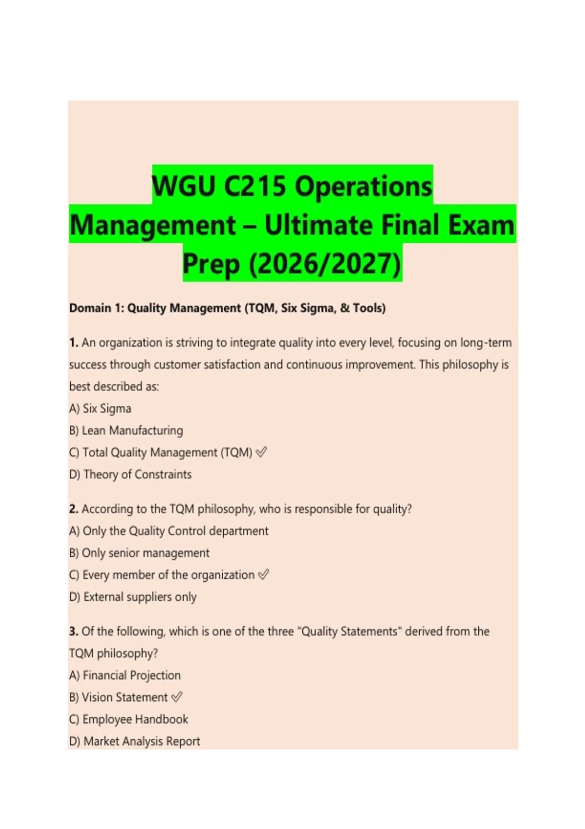 WGU C215 Operations Management EXAM STUDY GUIDE 2026/2027 Accurate ...