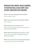 INTRODUCTORY MENTAL HEALTH NURSING&NewLine;4TH EDITION FINAL EXAM SCRIPT 2026&NewLine;SOLVED QUESTIONS AND ANSWERS
