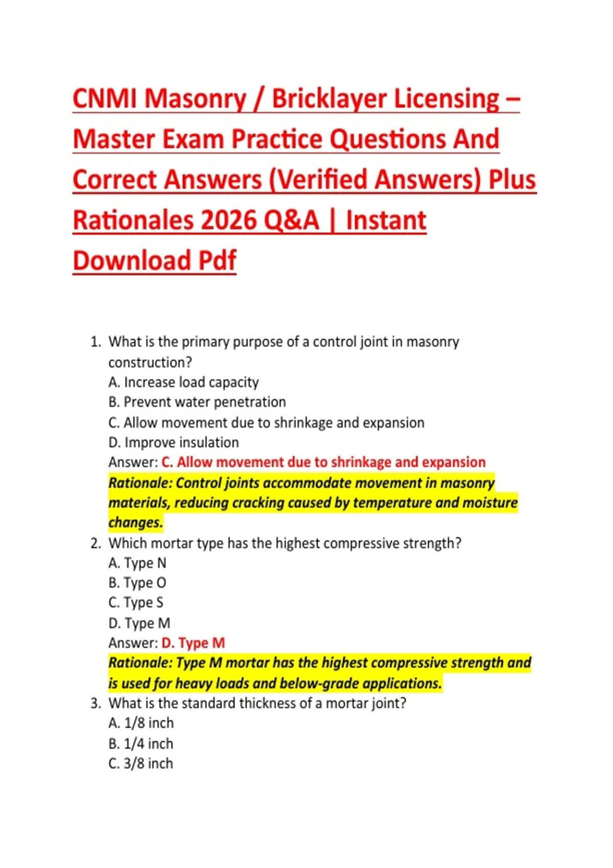Masonry Practice Problem CNMI Masonry / Bricklayer Licensing β Master Exam Practice Questions ...