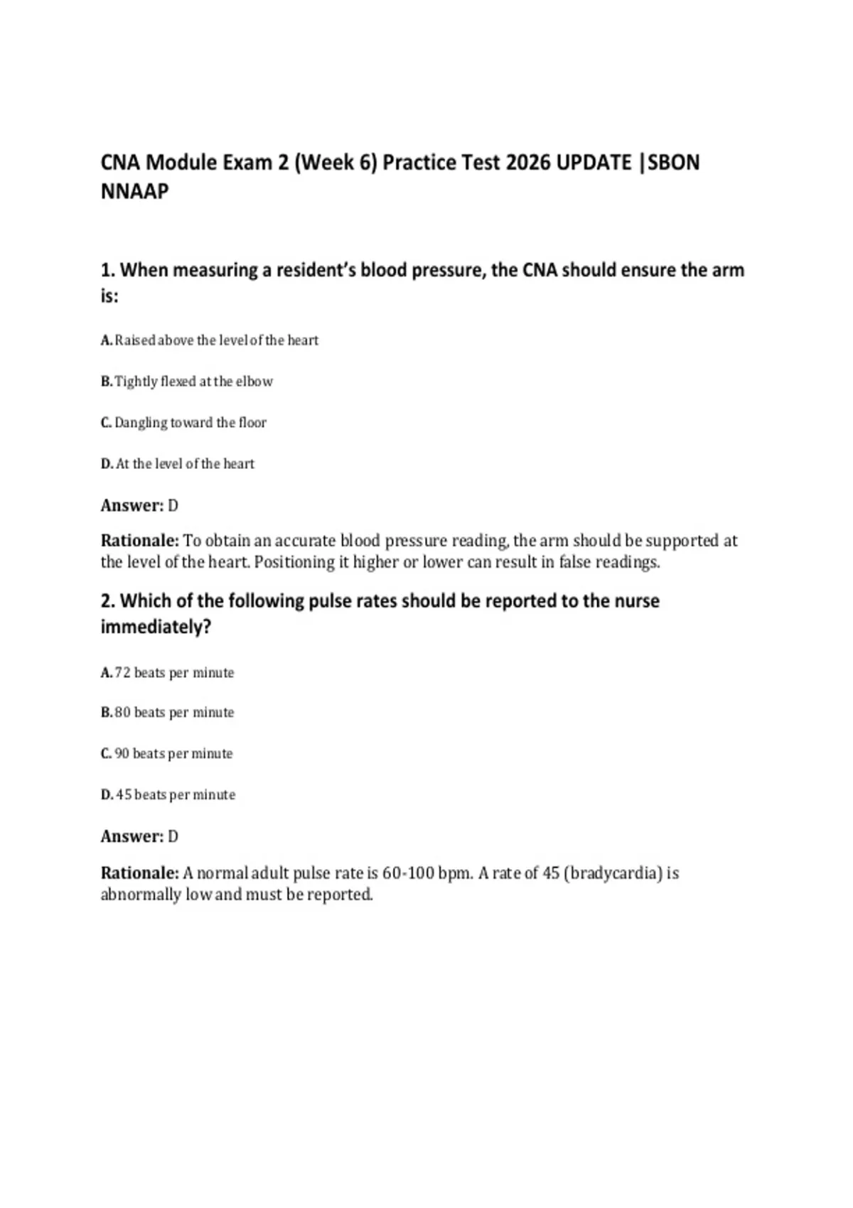 CNA Module Exam 2 (Week 6) Practice Test 2026 UPDATE |SBON NNAAP - CNA ...