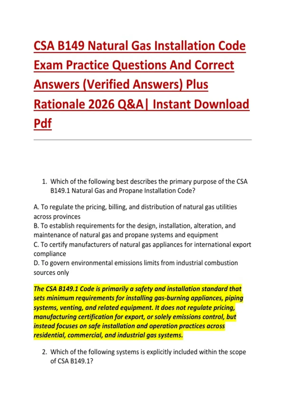 CSA B149 Natural Gas Installation Code Exam Practice Questions And ...