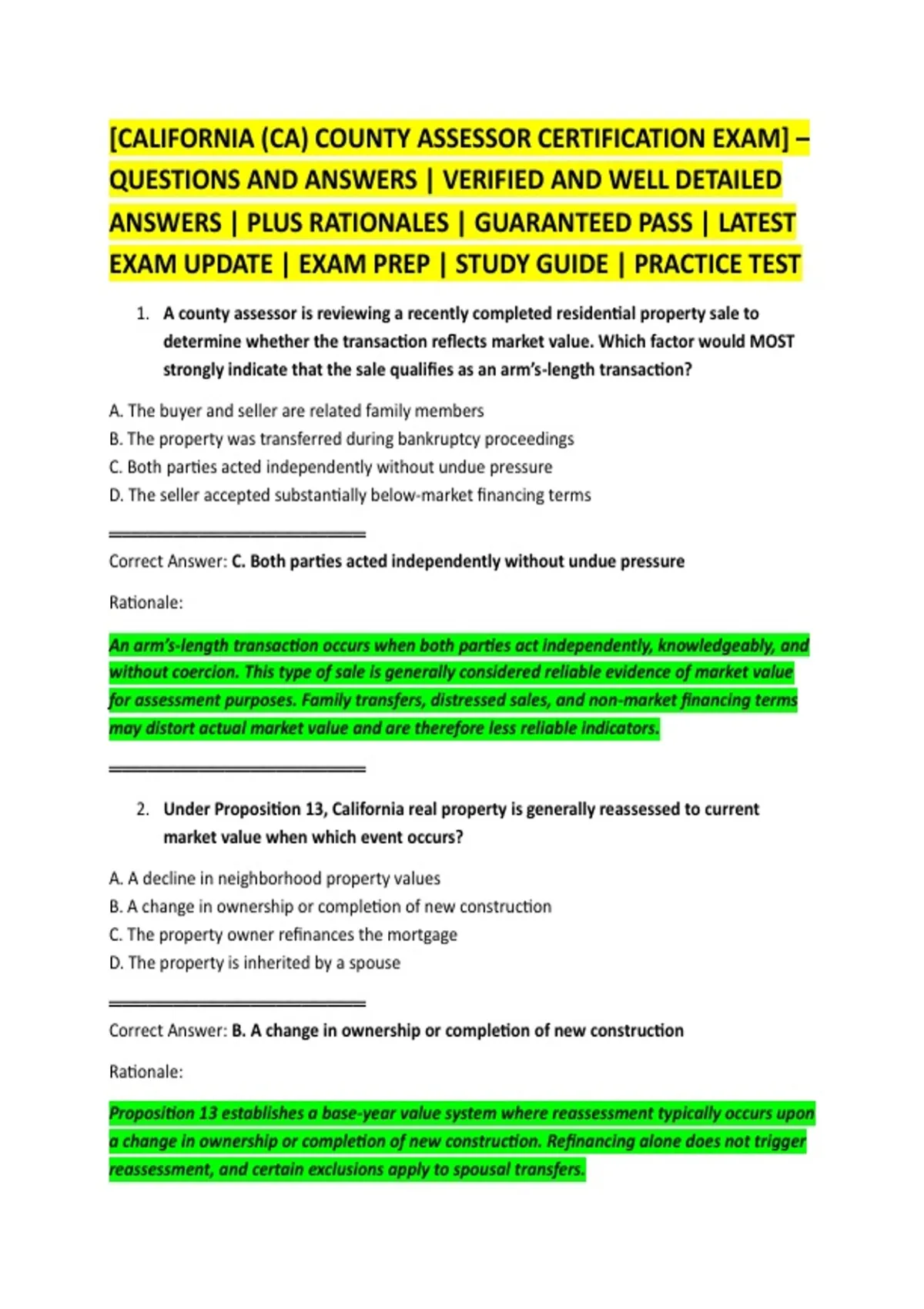 [CALIFORNIA (CA) COUNTY ASSESSOR CERTIFICATION EXAM] – QUESTIONS AND ...