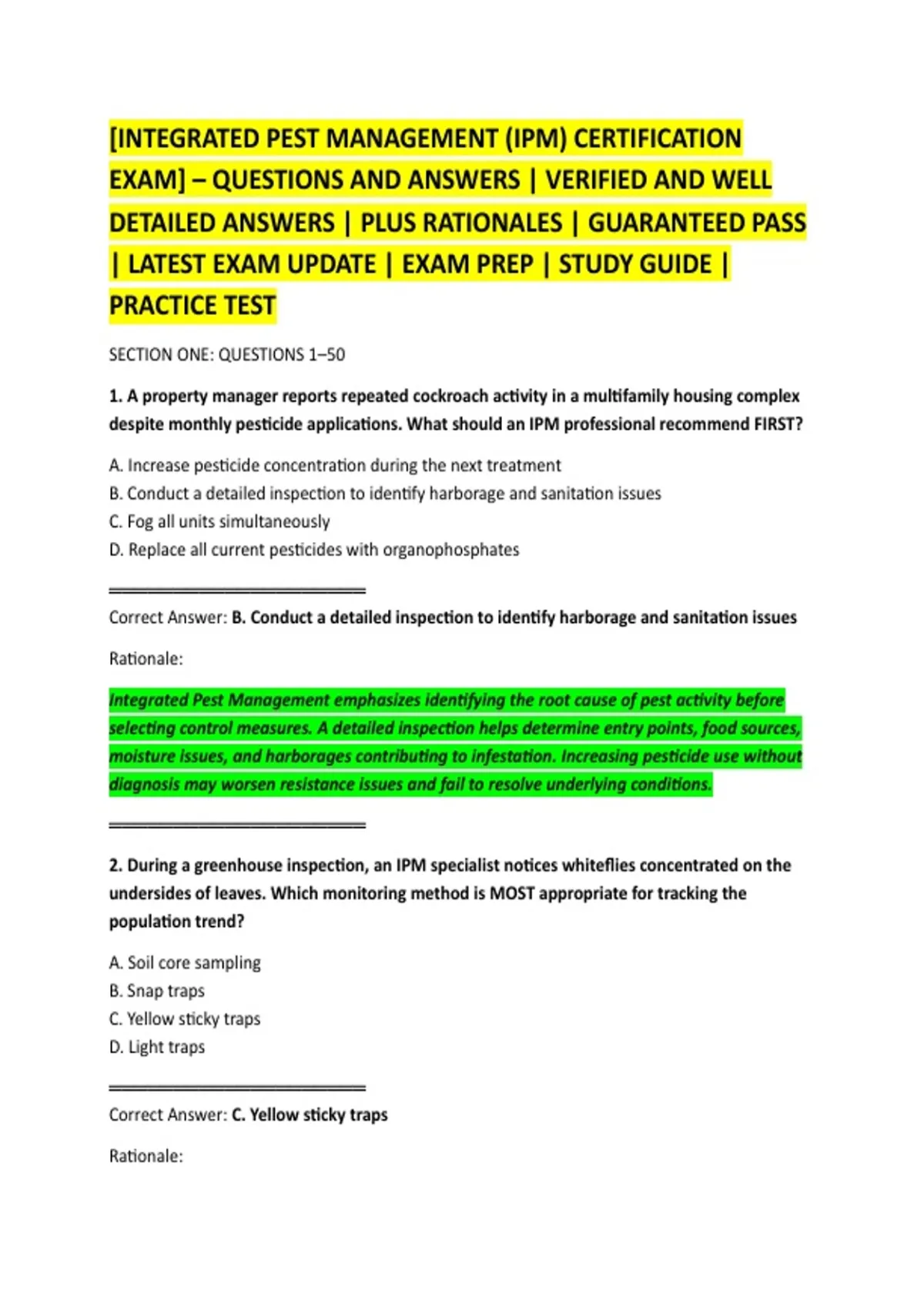 [INTEGRATED PEST MANAGEMENT (IPM) CERTIFICATION EXAM] – QUESTIONS AND ...