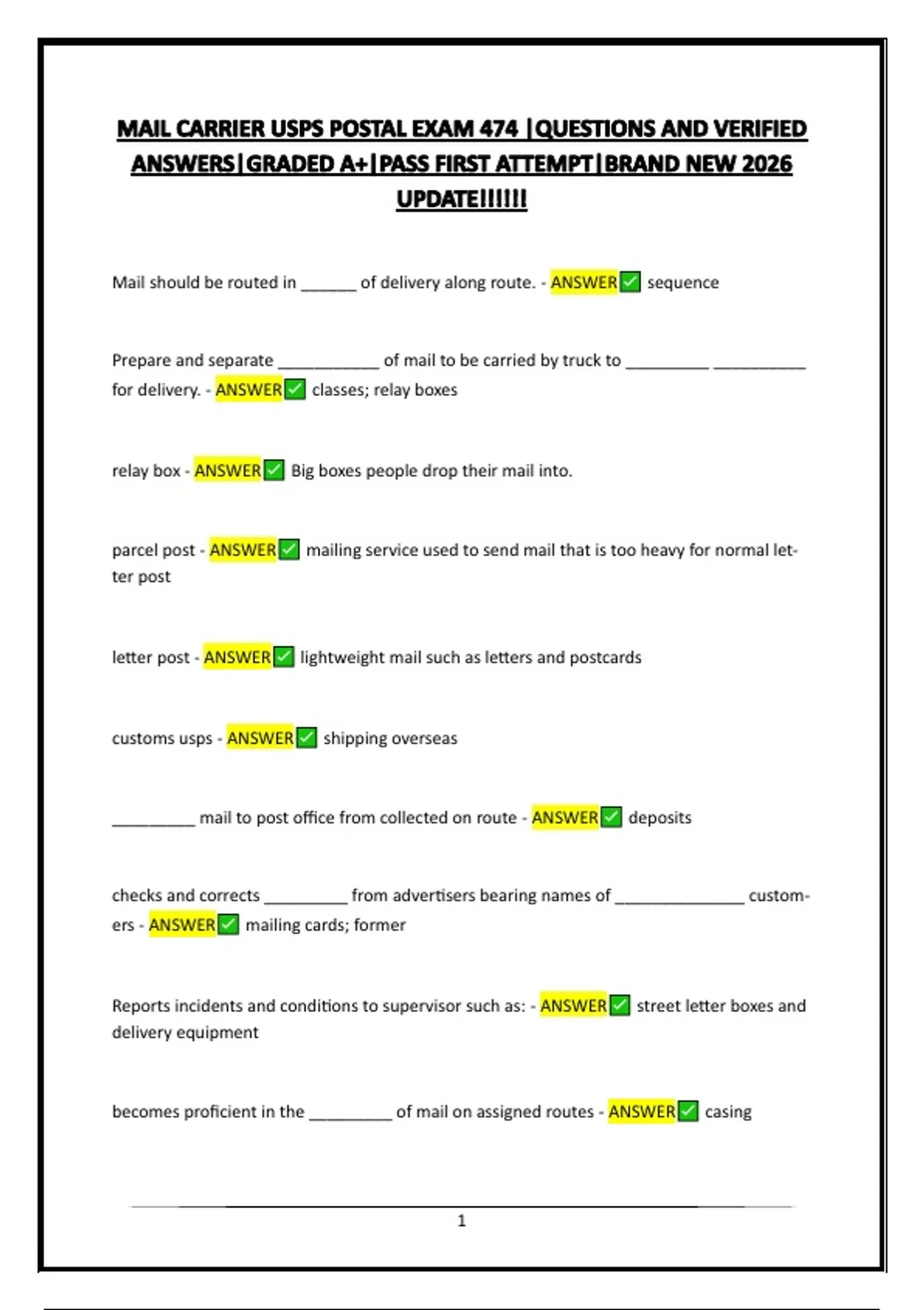 MAIL CARRIER USPS POSTAL EXAM 474 |QUESTIONS AND VERIFIED ANSWERS|GRADED A+|PASS FIRST ATTEMPT ...