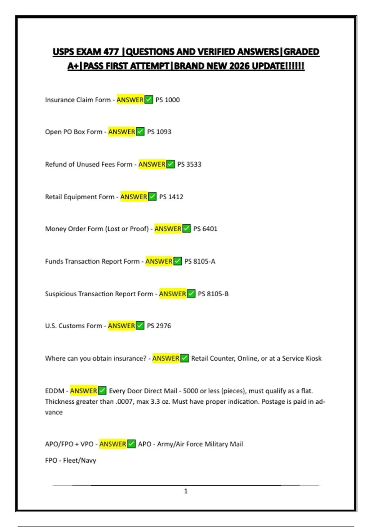 Ps 1412 Form.pdf USPS EXAM 477 |QUESTIONS AND VERIFIED ANSWERS|GRADED A+|PASS FIRST ...