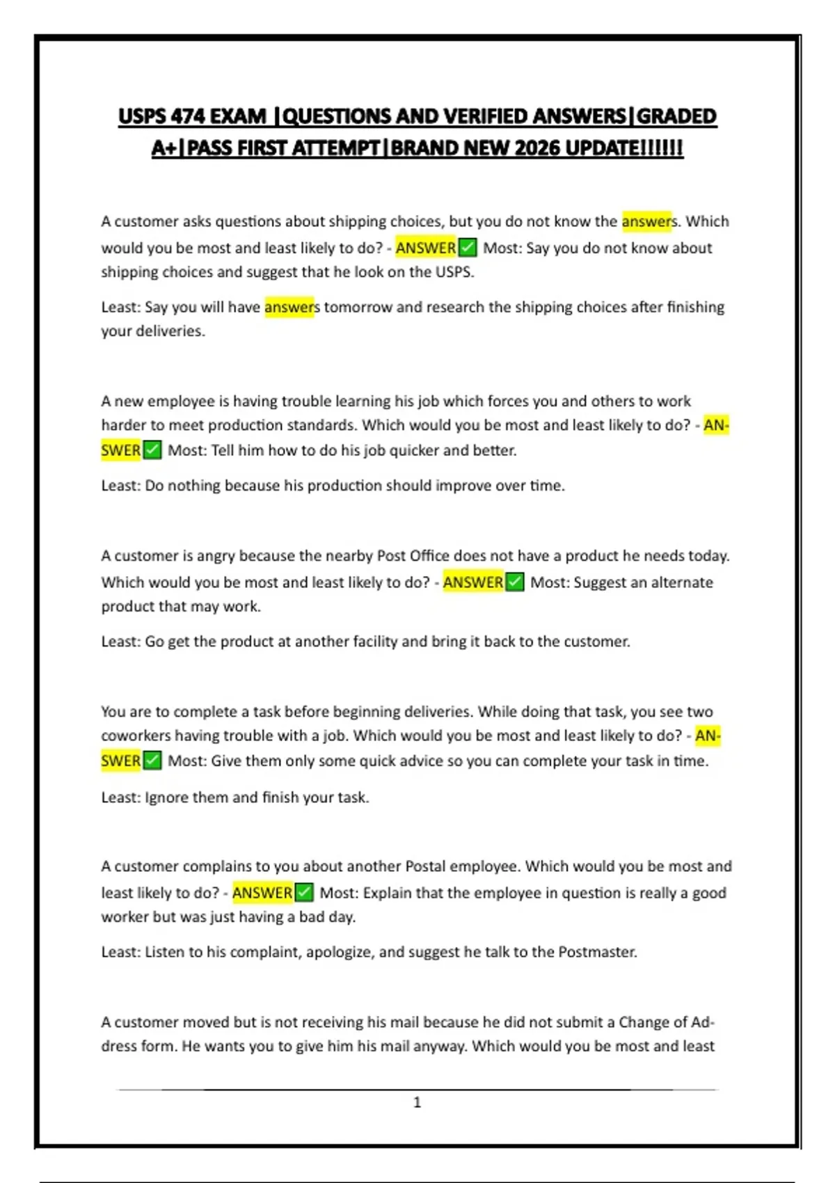 USPS 474 EXAM |QUESTIONS AND VERIFIED ANSWERS|GRADED A+|PASS FIRST ATTEMPT|BRAND NEW 2026 UPDATE ...