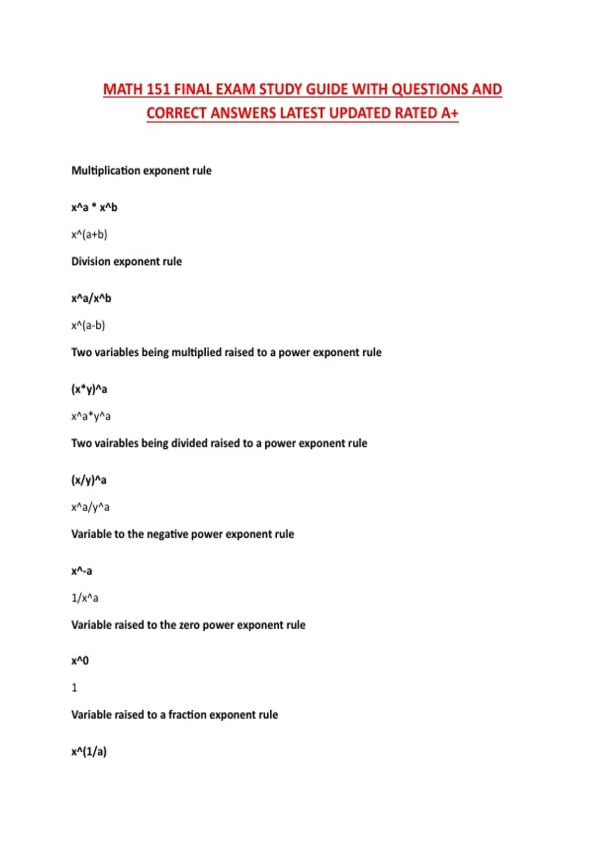 MATH 151 FINAL EXAM STUDY GUIDE WITH QUESTIONS AND CORRECT ANSWERS ...