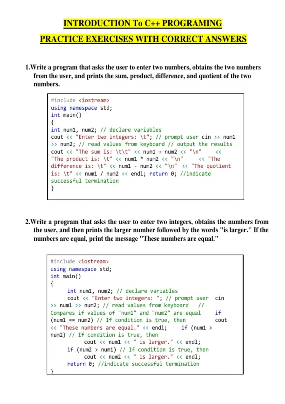 INTRODUCTION TO C PLUS PLUS PROGRAMMING PRACTICE EXERCISES WITH CORRECT ...