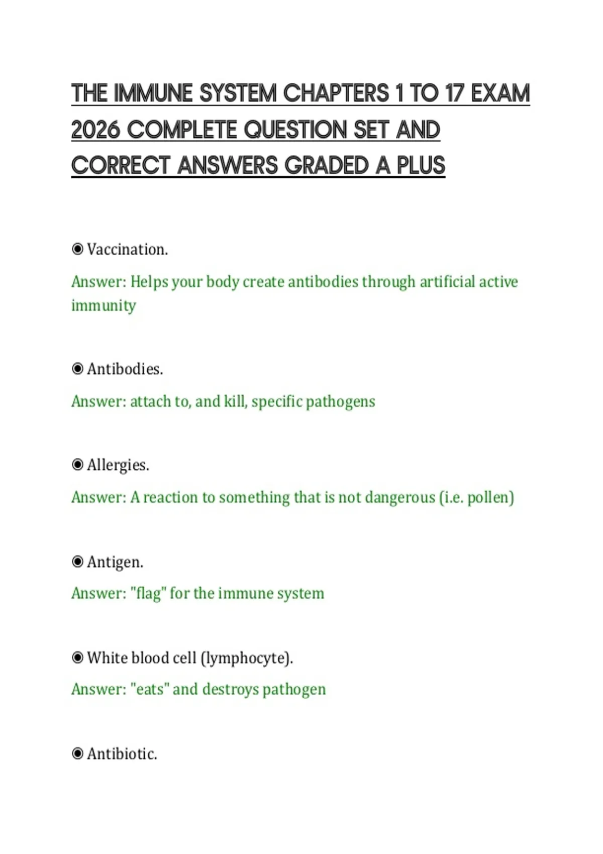 THE IMMUNE SYSTEM CHAPTERS 1 TO 17 EXAM 2026 COMPLETE QUESTION SET AND ...