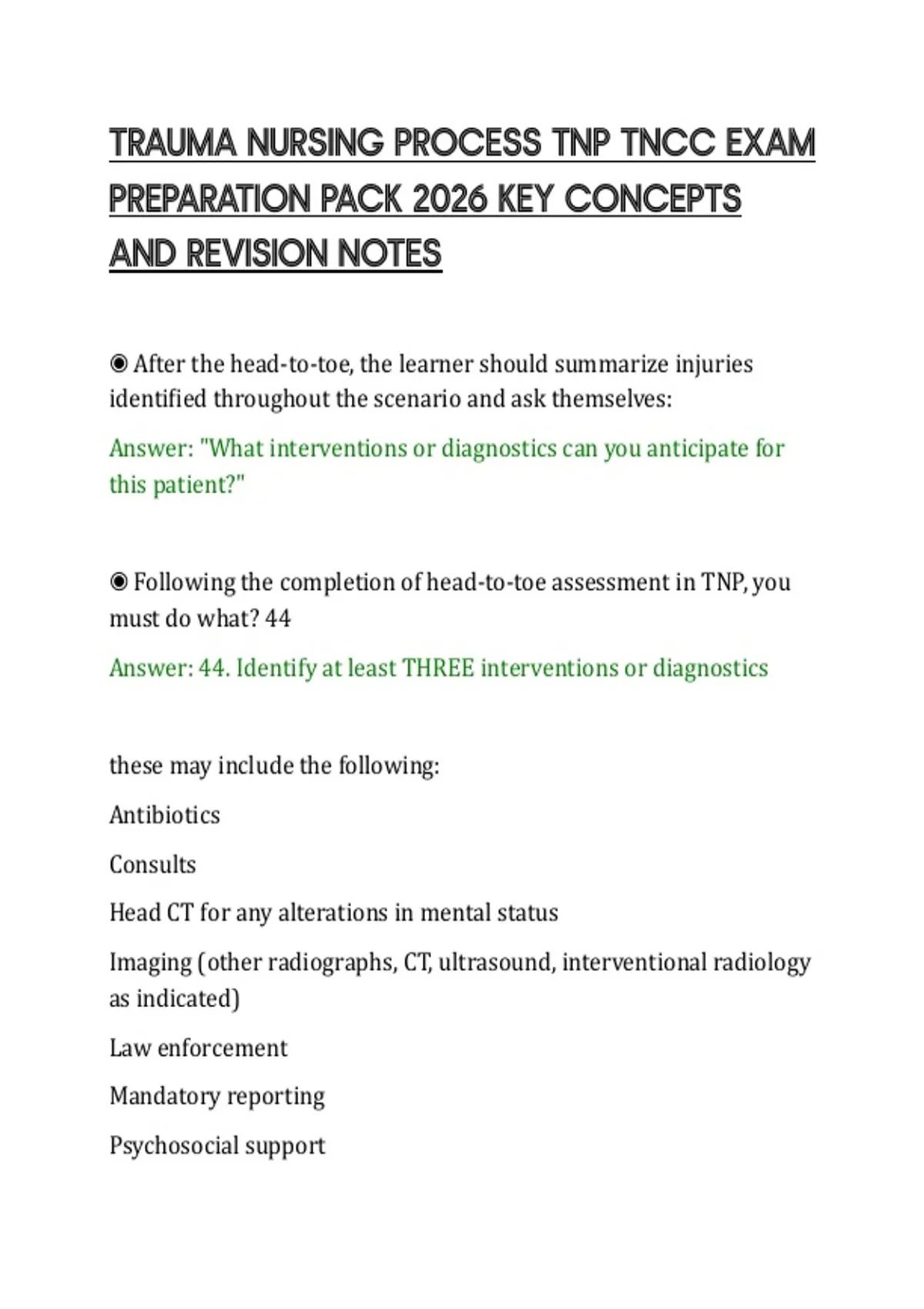 TRAUMA NURSING PROCESS TNP TNCC EXAM PREPARATION PACK 2026 KEY CONCEPTS ...