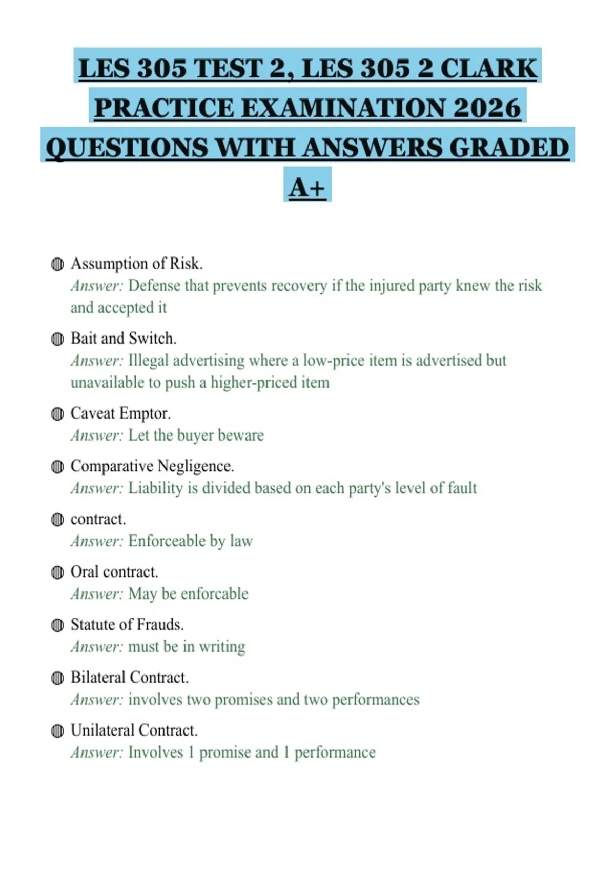 LES 305 TEST 2, LES 305 2 CLARK PRACTICE EXAMINATION 2026 QUESTIONS ...