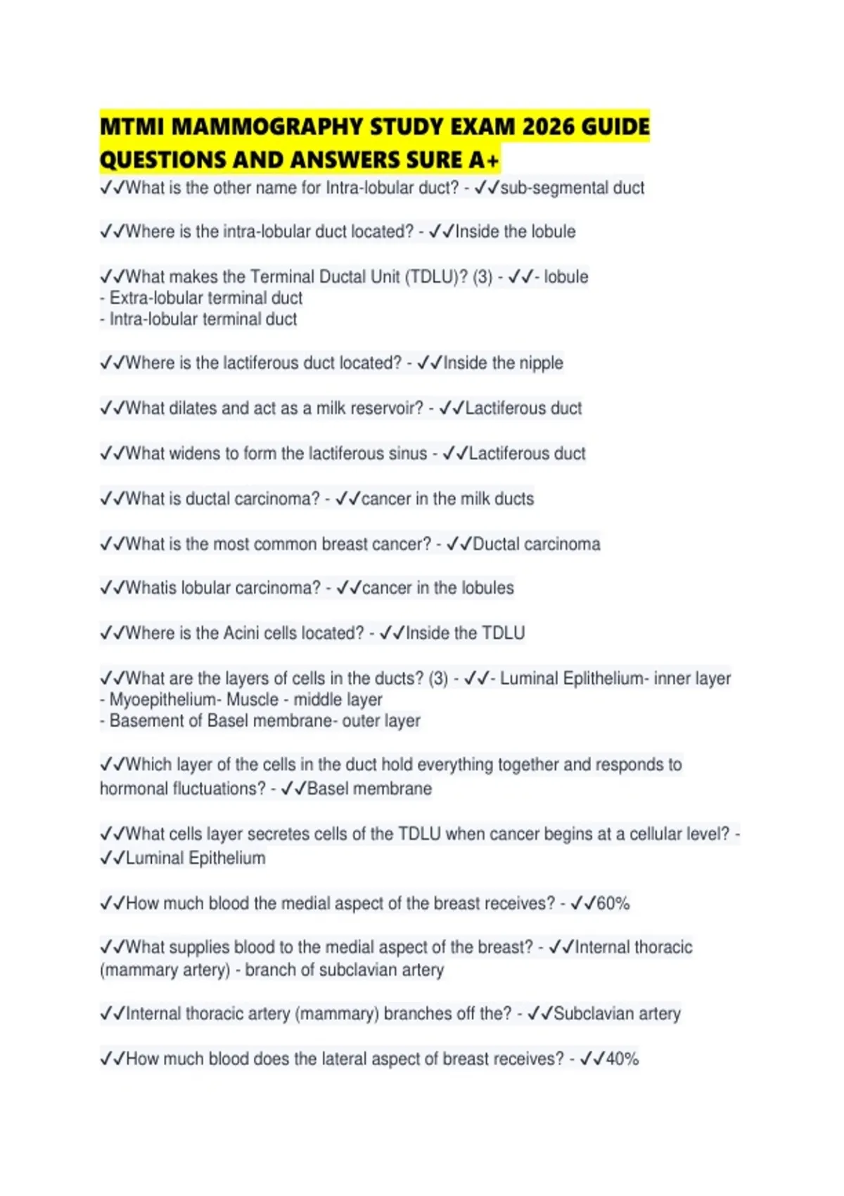 MTMI MAMMOGRAPHY STUDY EXAM 2026 GUIDE QUESTIONS AND ANSWERS SURE ...