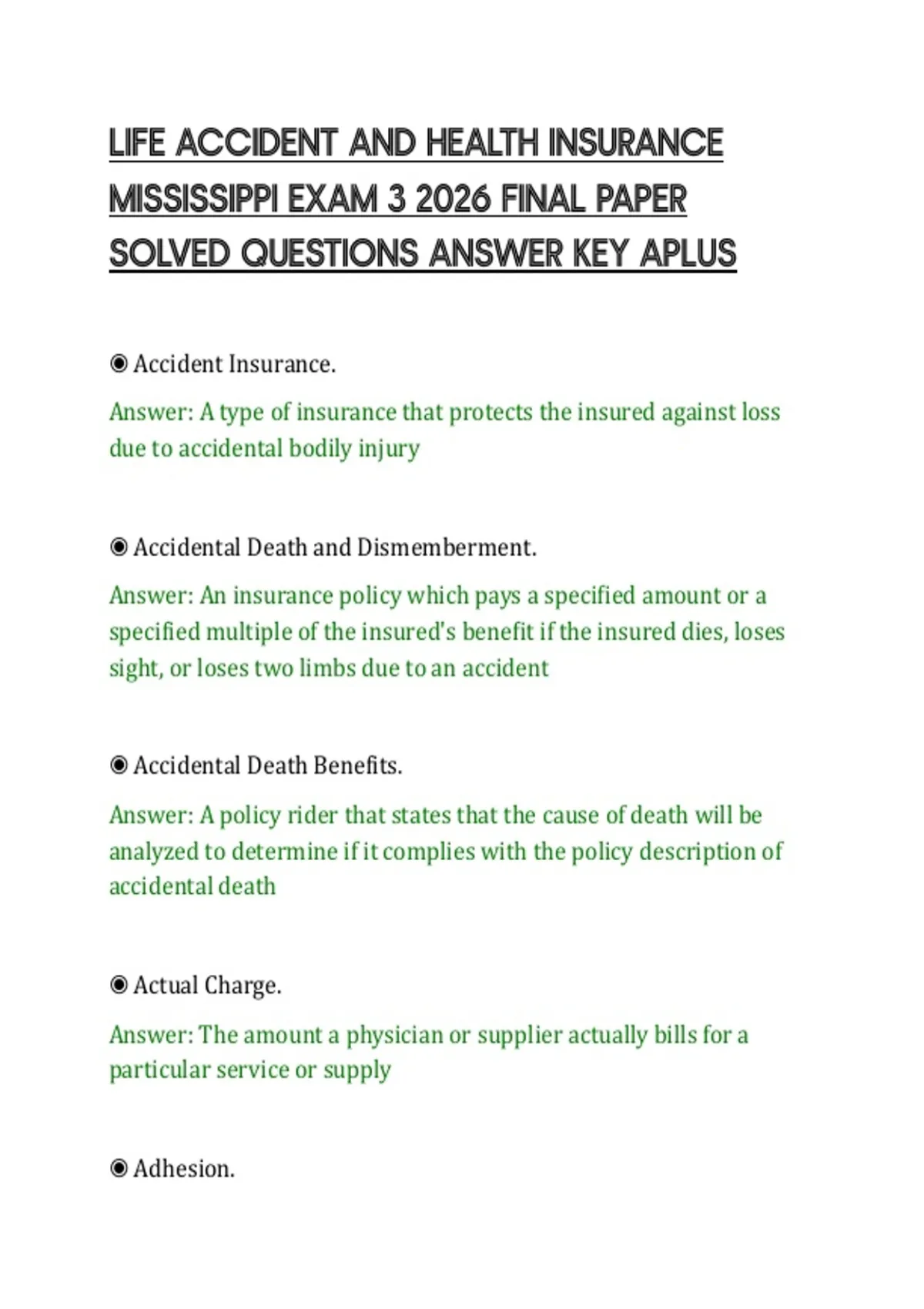 LIFE ACCIDENT AND HEALTH INSURANCE MISSISSIPPI EXAM 3 2026 FINAL PAPER SOLVED QUESTIONS ANSWER ...