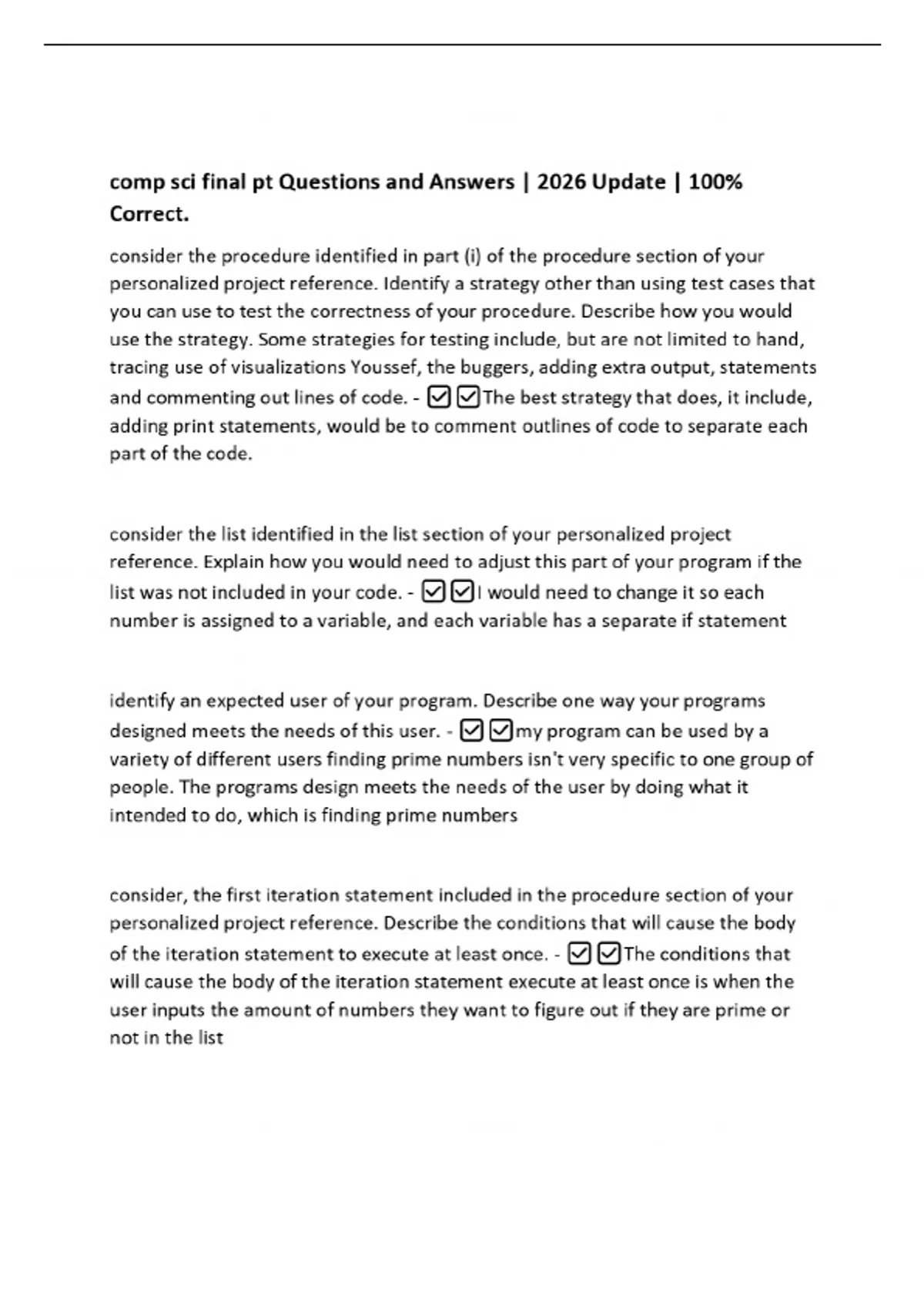 comp sci final pt Questions and Answers | 2026 Update | 100% Correct ...