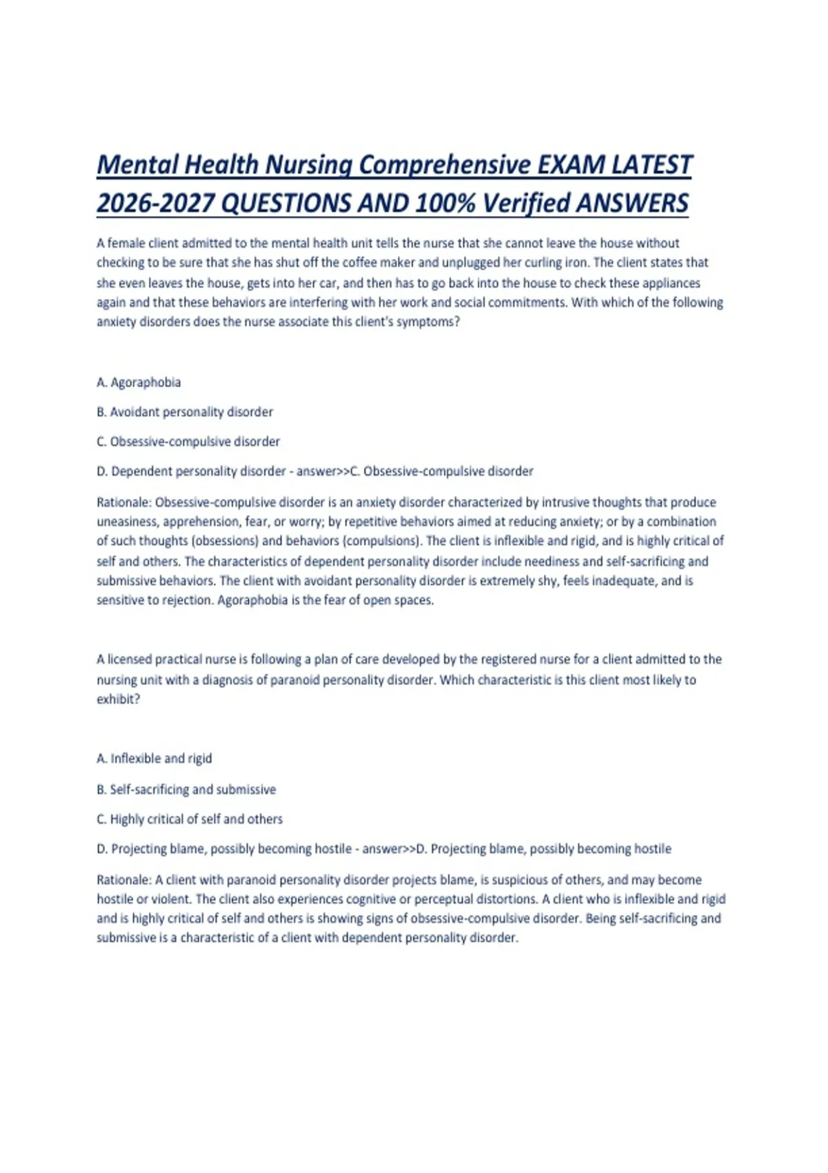 Mental Health Nursing Comprehensive EXAM LATEST QUESTIONS AND 100 ...