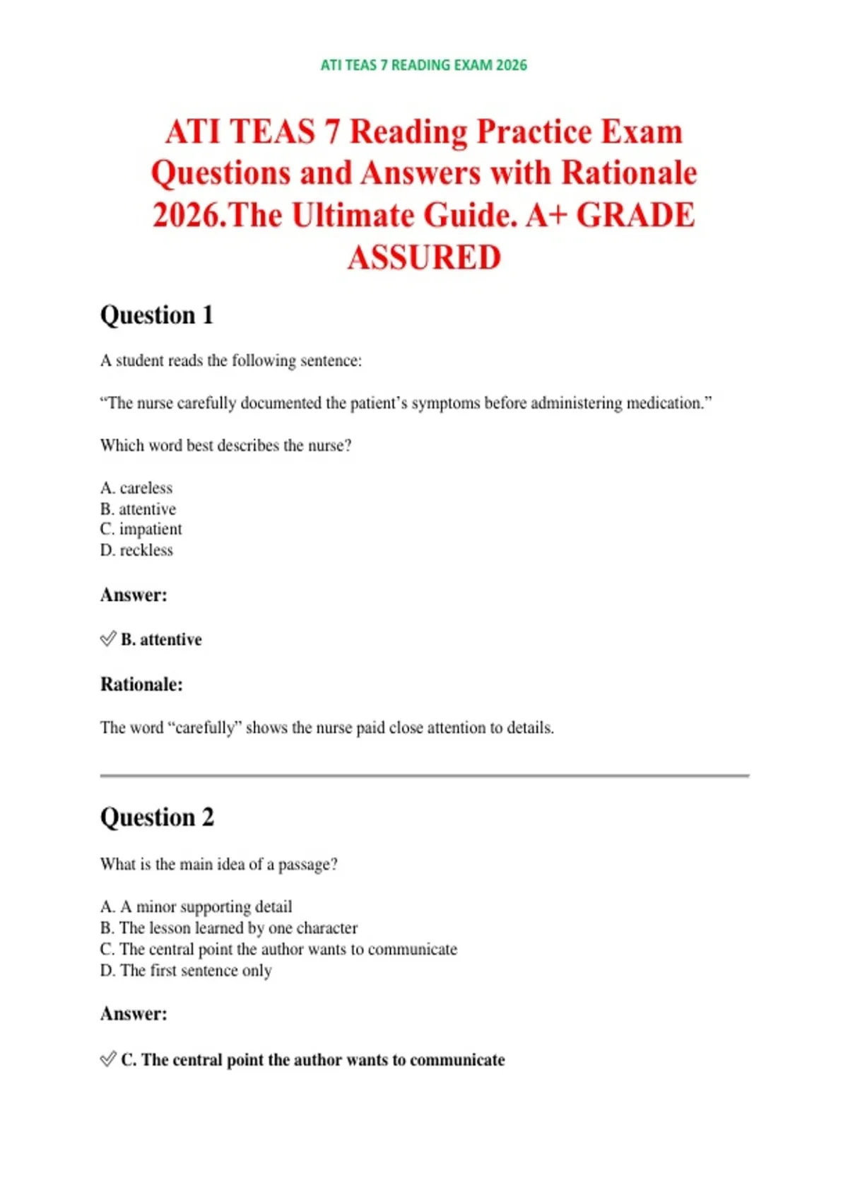 ATI TEAS 7 Reading Practice Exam Questions and Answers with Rationale ...