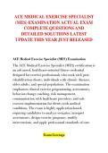 ACE MEDICAL EXERCISE SPECIALIST &NewLine;&lpar;MES&rpar; EXAMINATION ACTUAL EXAM &NewLine;COMPLETE QUESTIONS AND &NewLine;DETAILED SOLUTIONS LATEST &NewLine;UPDATE THIS YEAR JUST RELEASED