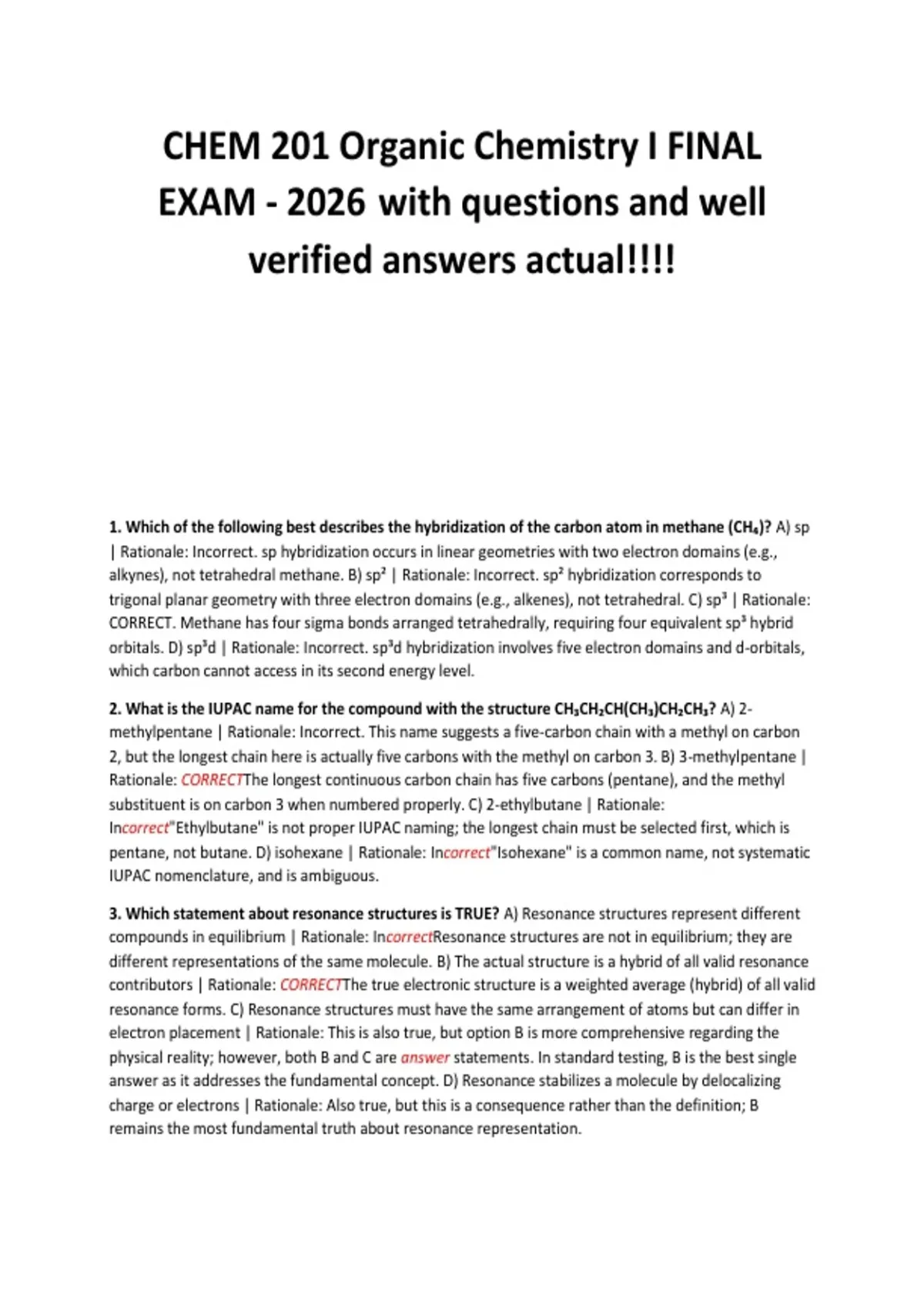 CHEM 201 Organic Chemistry I FINAL EXAM - 2026 with questions and well ...