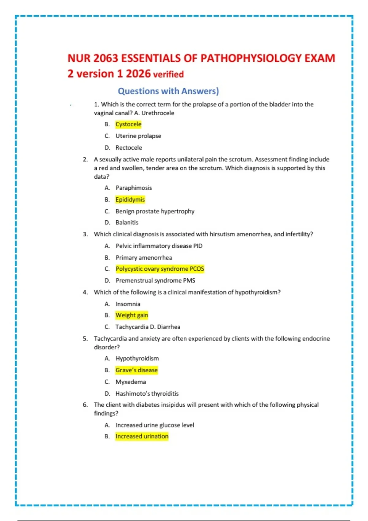 NUR 2063 ESSENTIALS OF PATHOPHYSIOLOGY EXAM 2 version 1 2026 verified ...