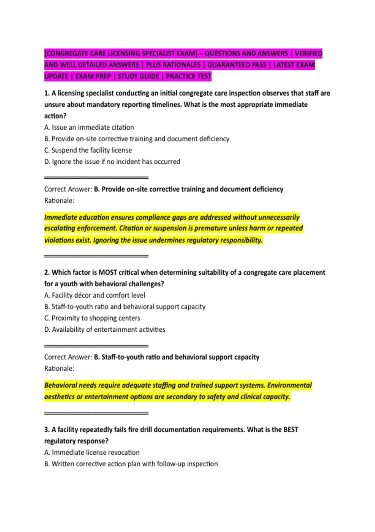 [CONGREGATE CARE LICENSING SPECIALIST EXAM] – QUESTIONS AND ANSWERS ...