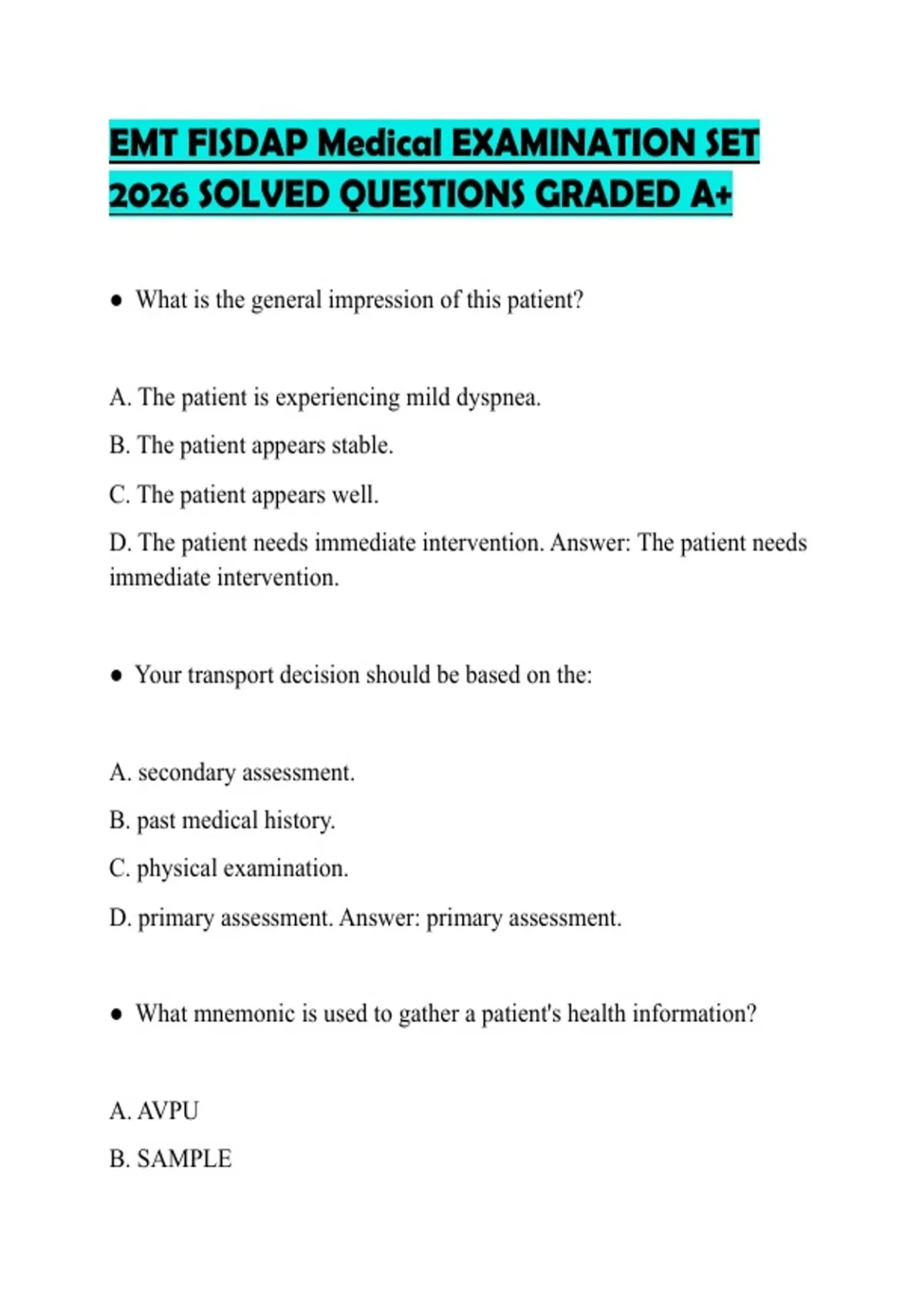 EMT FISDAP Medical PREPARATION TEST 2026 QUESTIONS AND CORRECT ANSWERS ...