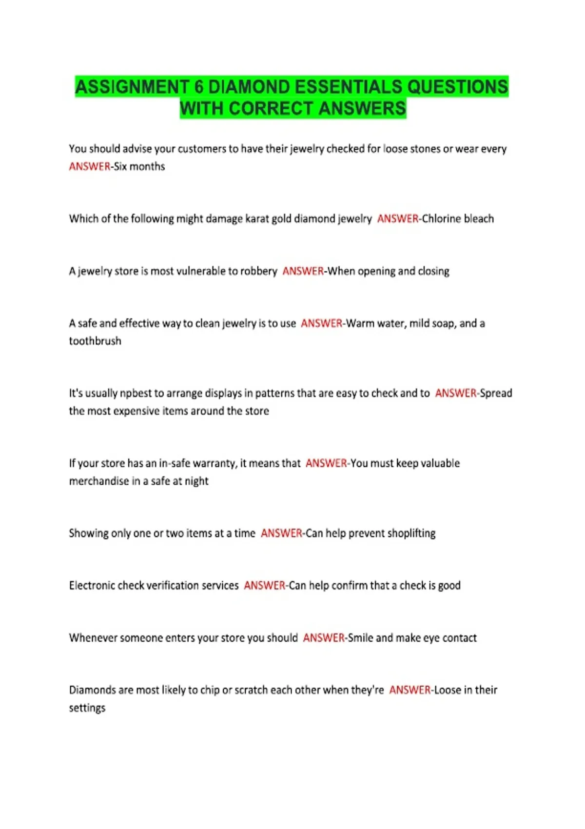 ASSIGNMENT 6 DIAMOND ESSENTIALS QUESTIONS WITH CORRECT ANSWERS ...