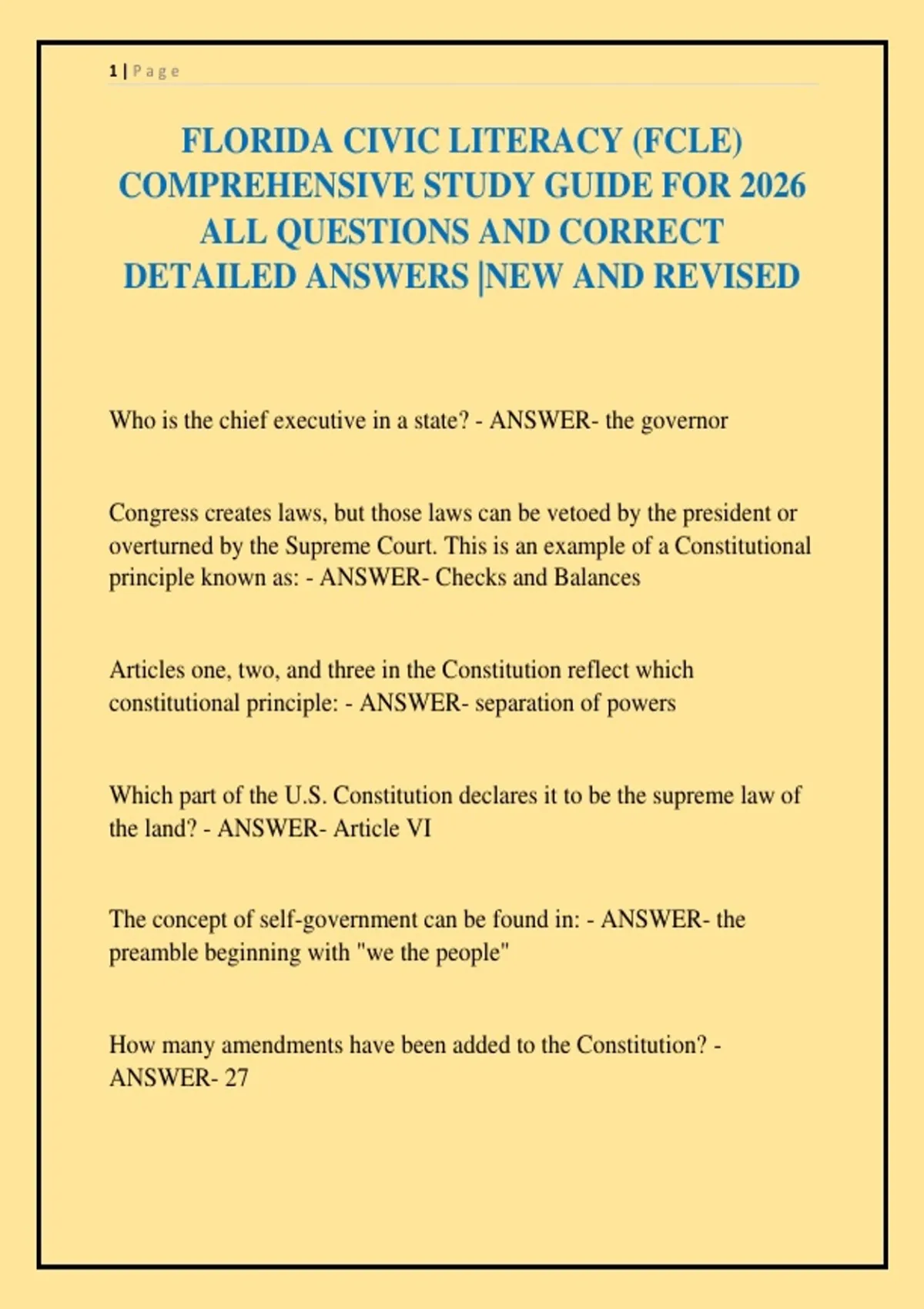FLORIDA CIVIC LITERACY (FCLE) COMPREHENSIVE STUDY GUIDE FOR 2026 ALL ...