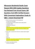 Minnesota Residential Roofer Exam &NewLine;Newest 2025-2026 Update Questions &NewLine;Fast Reviwed From Actual Exams 100 &NewLine;Questions And 100&percnt; Verified Answers &NewLine;With Convenient Explanations Grade A&plus; &NewLine;Q&A &vert; Instant Download Pdf 