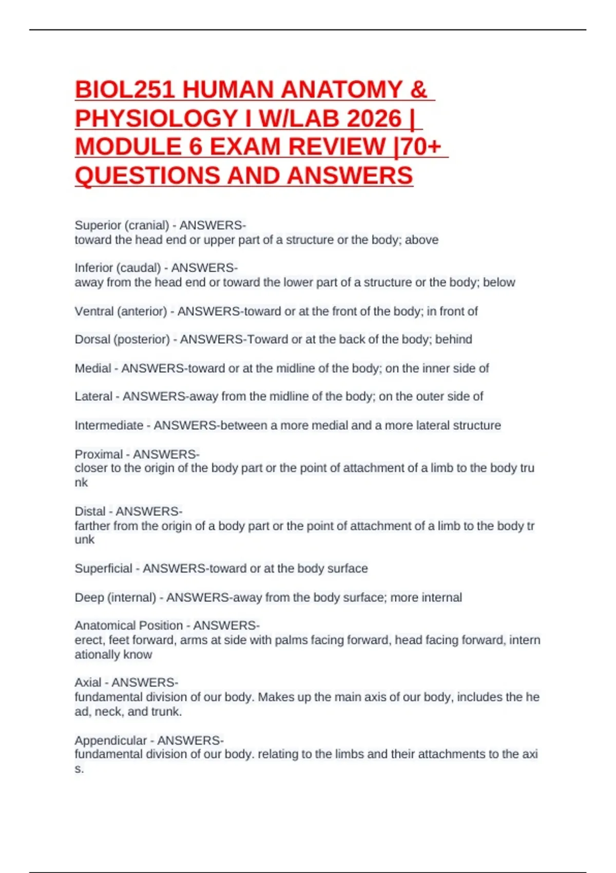 BIOL251 HUMAN ANATOMY & PHYSIOLOGY I W/LAB 2026 | MODULE 6 EXAM REVIEW ...