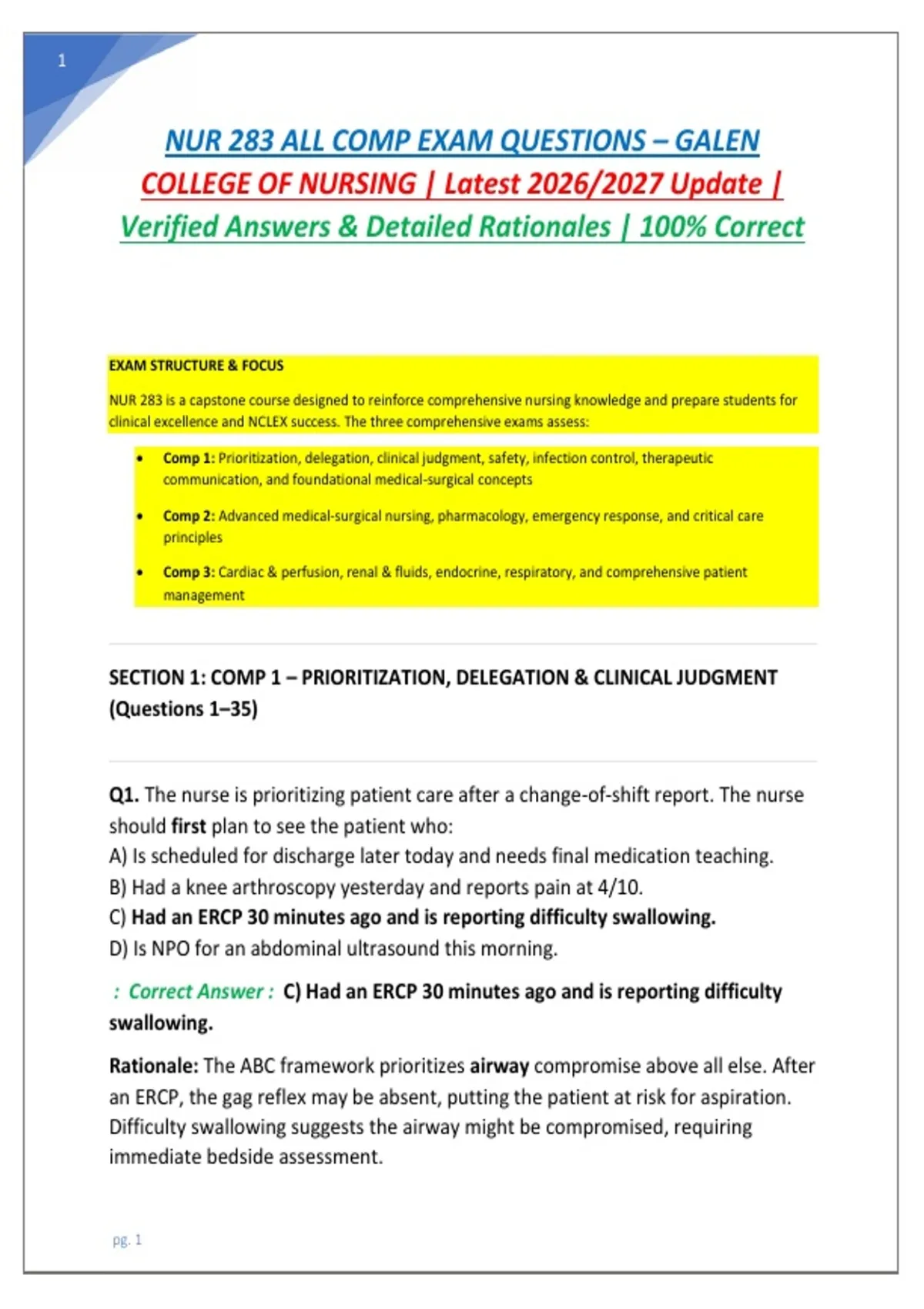 NUR 283 ALL COMP EXAM QUESTIONS – GALEN COLLEGE OF NURSING | Latest ...