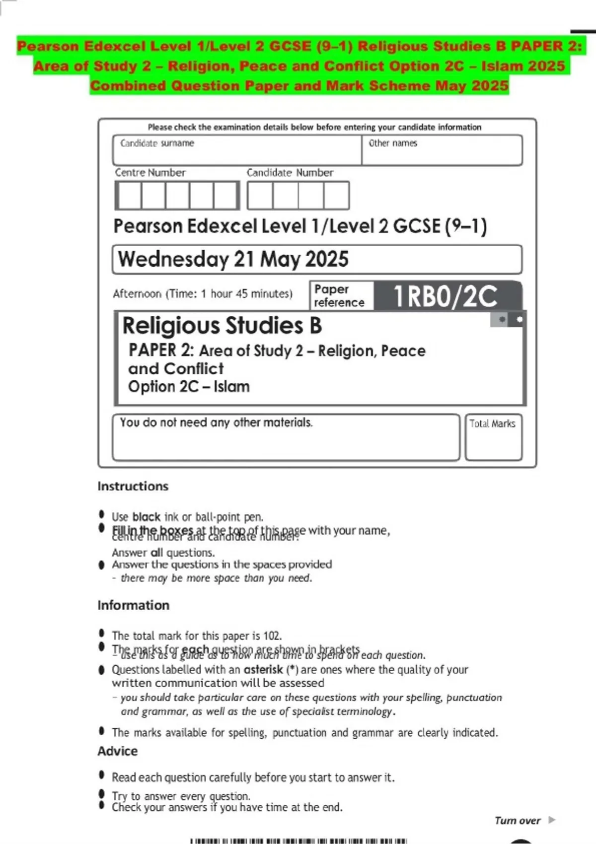 Pearson Edexcel Level 1/Level 2 GCSE (9-1) Religious Studies B PAPER 2 ...