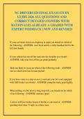 NC DRIVERS ED FINAL EXAM STUDY&NewLine;GUIDE 2026 ALL QUESTIONS AND&NewLine;CORRECT DETAIED ANSWERS WITH&NewLine;RATIONALES ALREADY A GRADED WITH&NewLine;EXPERT FEEDBACK &vert; NEW AND REVISED&NewLine;