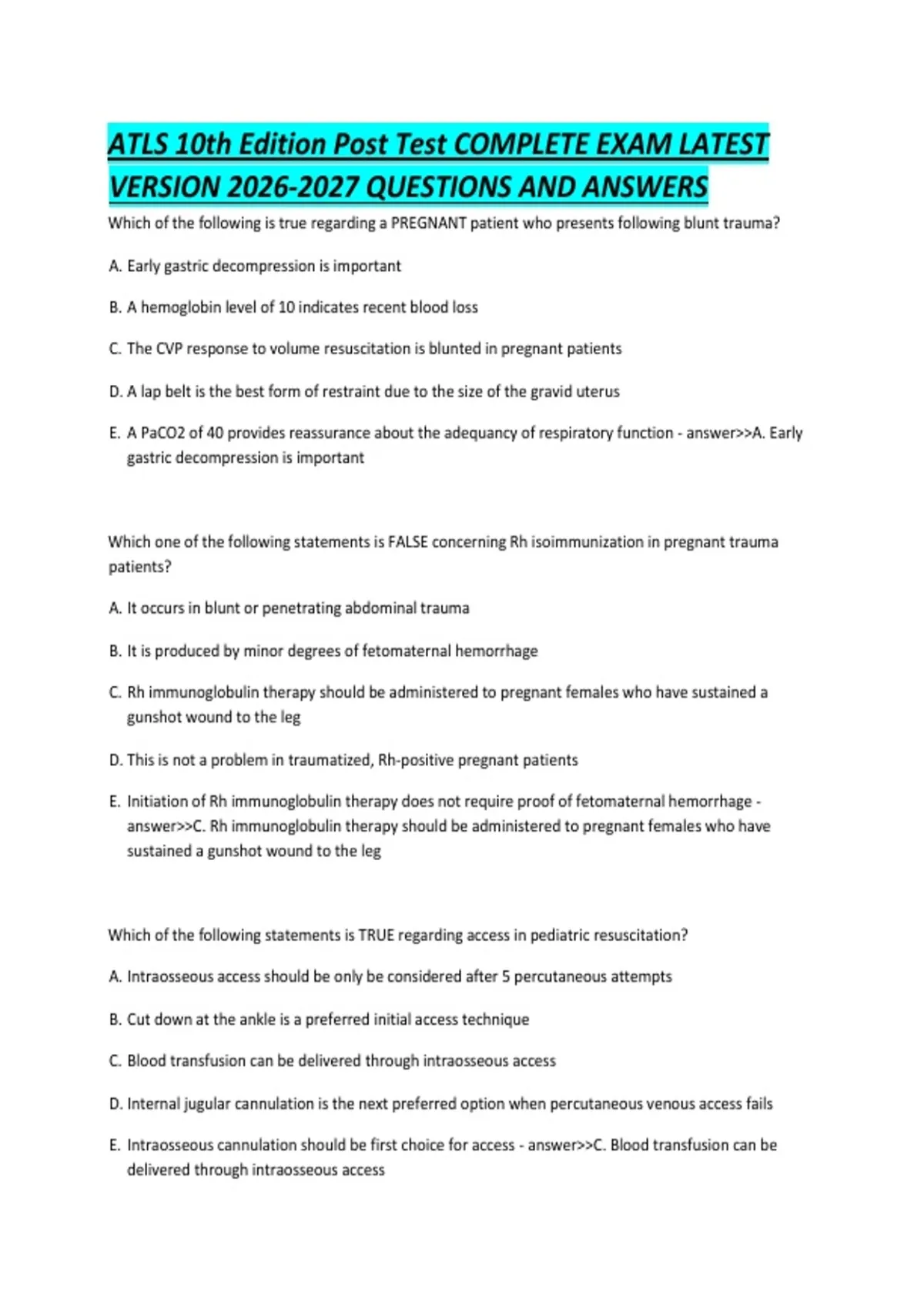 ATLS 10th Edition Post Test COMPLETE EXAM LATEST VERSION QUESTIONS AND ...
