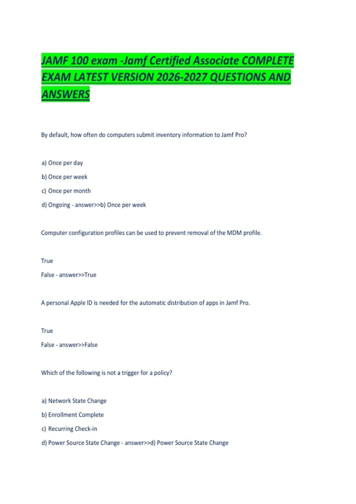 JAMF 100 exam -Jamf Certified Associate COMPLETE EXAM LATEST VERSION ...