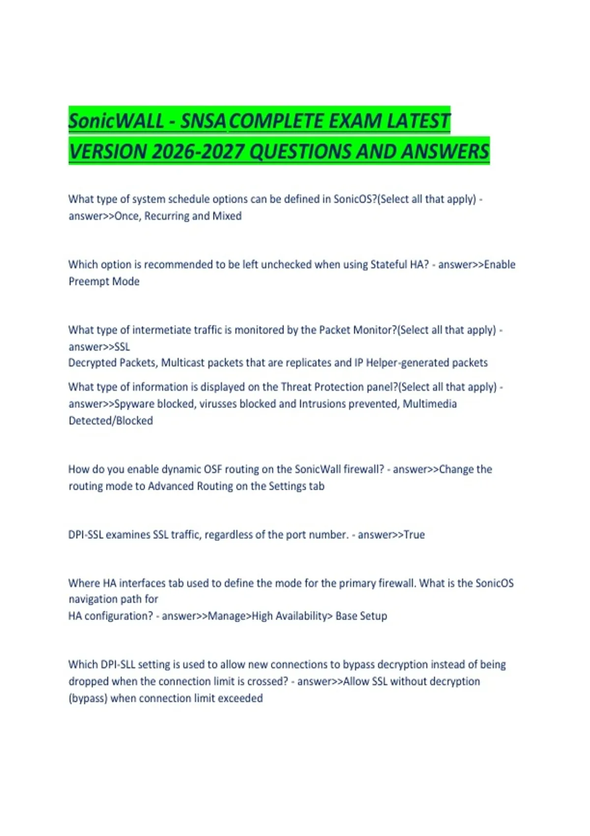 Snsa Numbers Examples SonicWALL - SNSA COMPLETE EXAM LATEST VERSION QUESTIONS AND ANSWERS ...