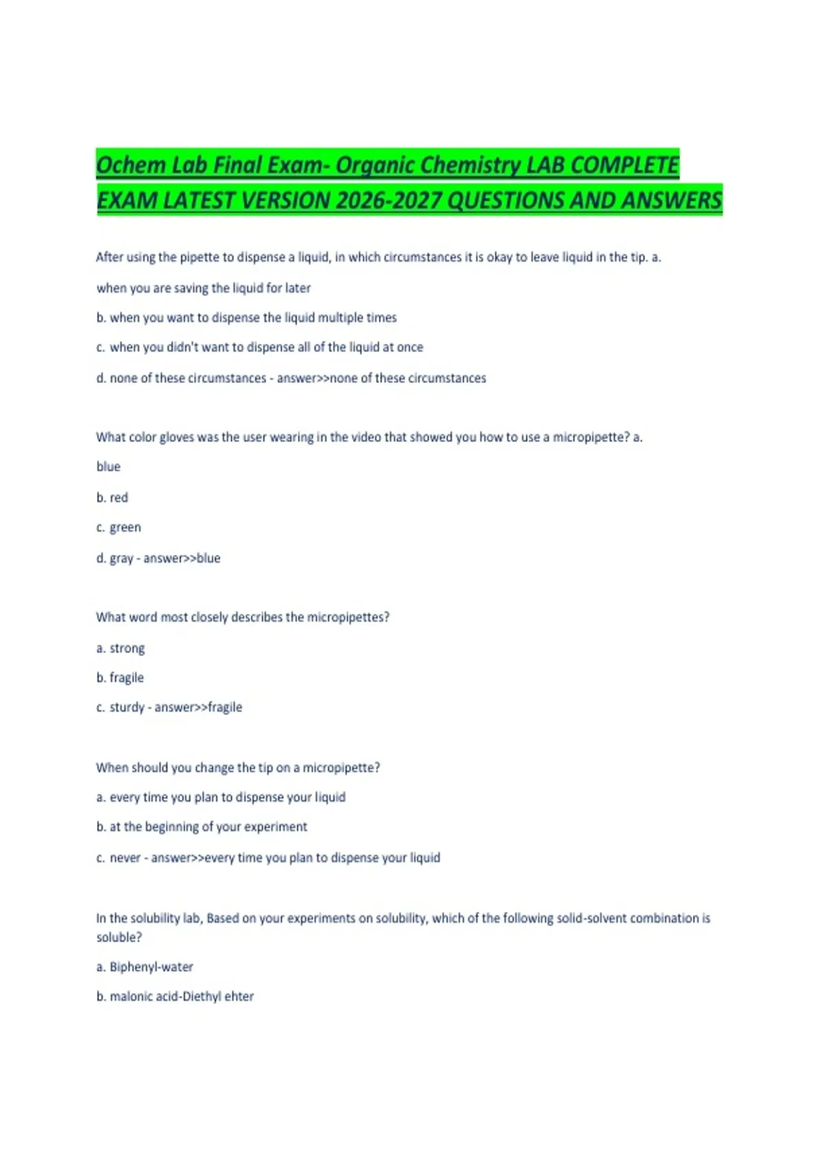 Ochem Lab Final Exam- Organic Chemistry LAB COMPLETE EXAM LATEST ...
