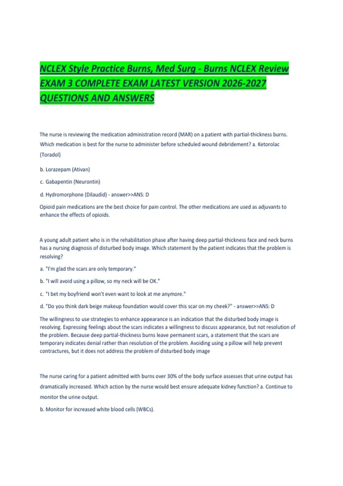 NCLEX Style Practice Burns, Med Surg - Burns NCLEX Review EXAM 3 ...