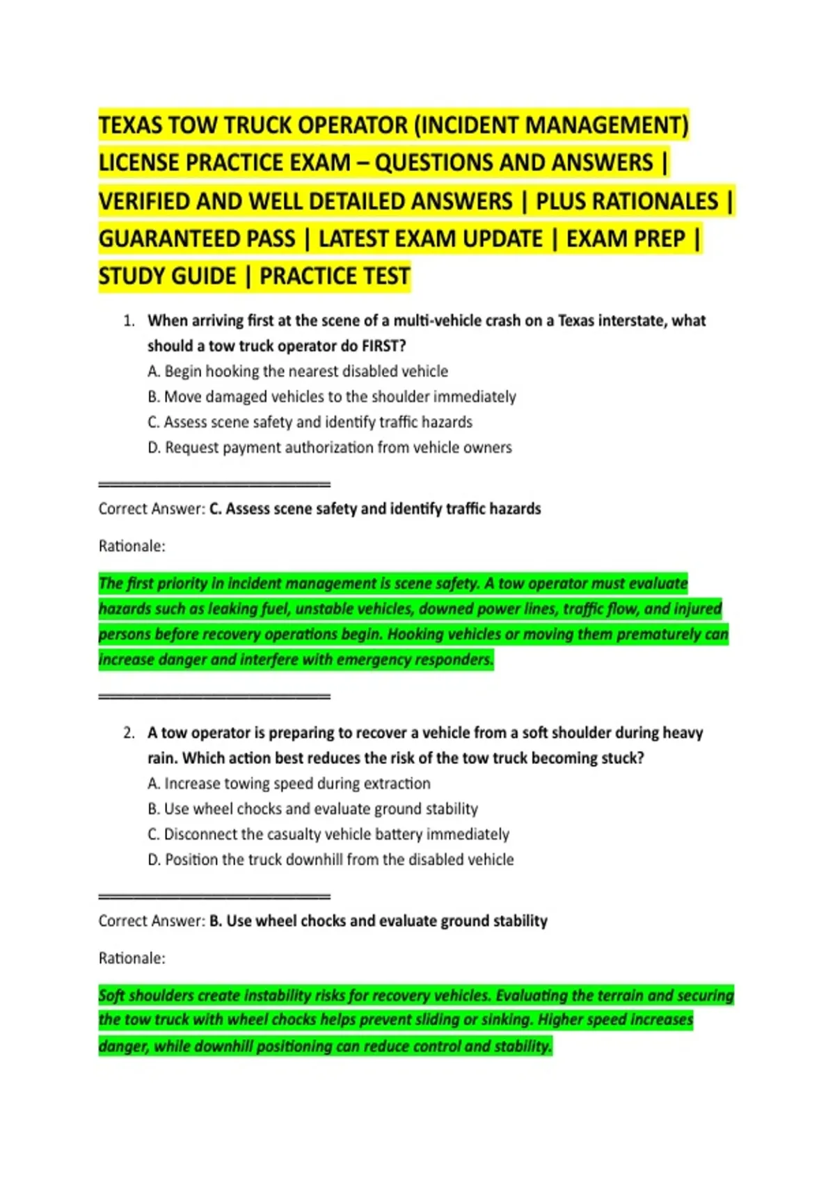 Operator Open Inicdent TEXAS TOW TRUCK OPERATOR (INCIDENT MANAGEMENT) LICENSE PRACTICE EXAM ...