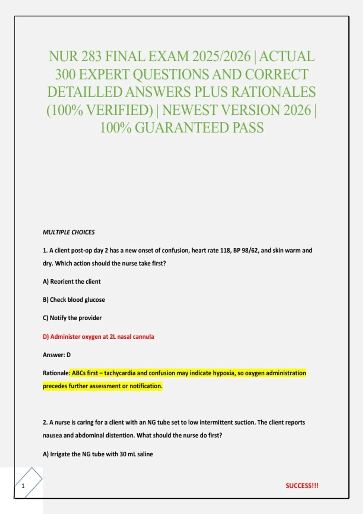 NUR 283 FINAL EXAM 2025/2026 | ACTUAL 300 EXPERT QUESTIONS AND CORRECT ...