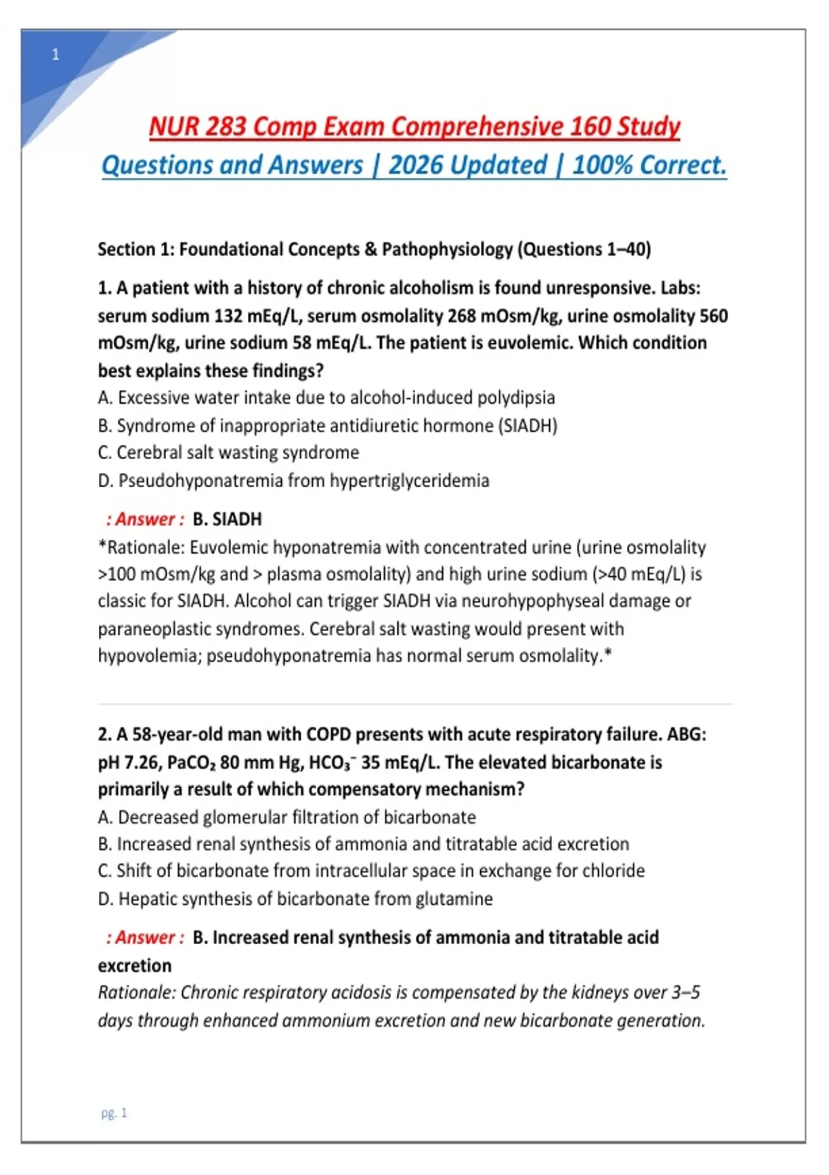 NUR 283 Comp Exam Comprehensive 160 Study Questions and Answers | 2026 ...