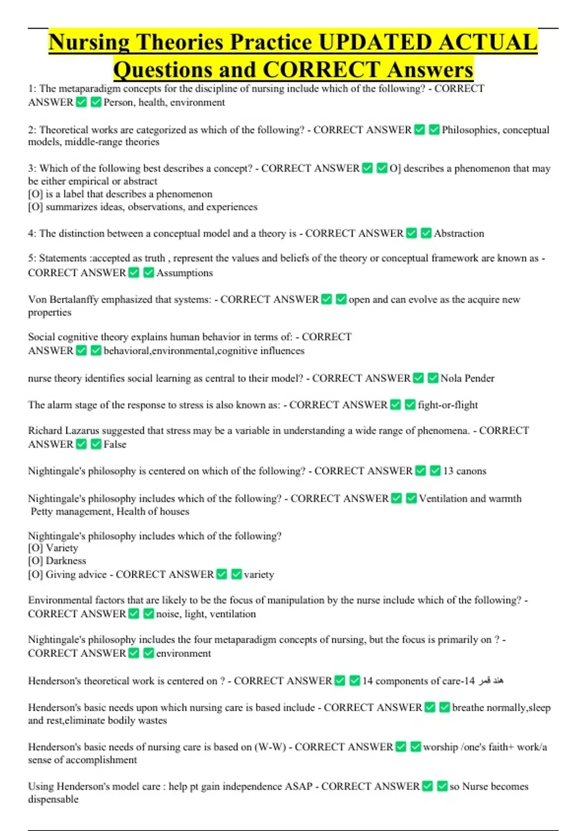 Nursing Theories Practice UPDATED ACTUAL Questions and CORRECT Answers ...
