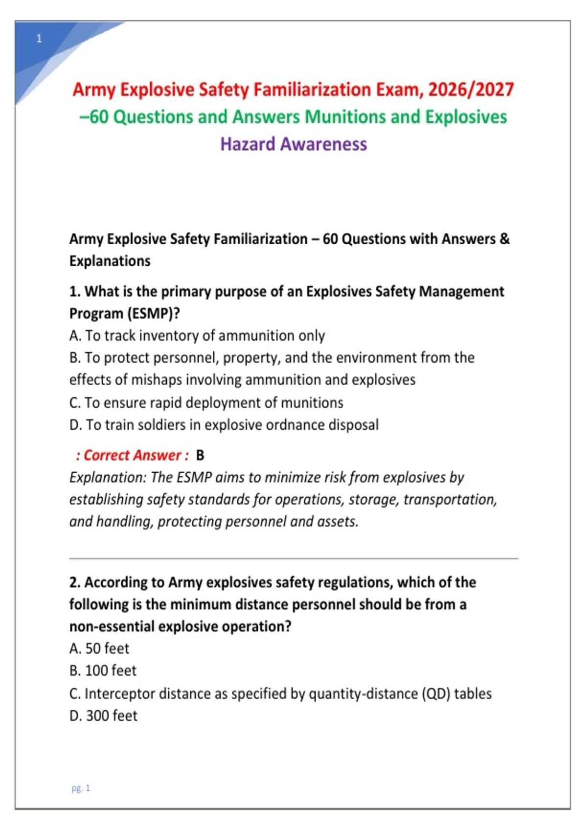 Army Explosive Safety Familiarization Exam, 2026/2027 –60 Questions and ...